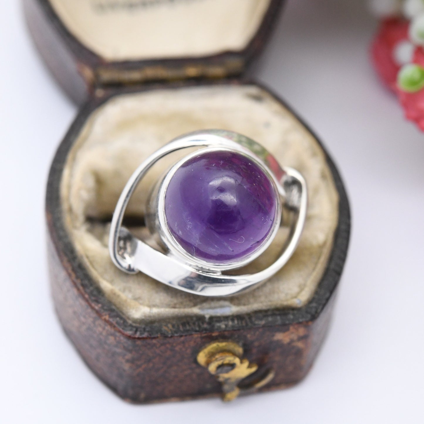 Vintage Sterling Silver Amethyst Ring Mid-Century Modern - Cabochon Large Purple Stone Unusual Statement | UK Size - M 1/2 | US Size - 6 1/2