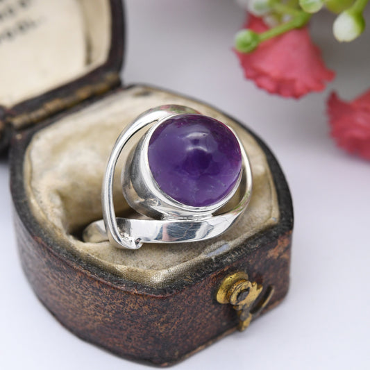 Vintage Sterling Silver Amethyst Ring Mid-Century Modern - Cabochon Large Purple Stone Unusual Statement | UK Size - M 1/2 | US Size - 6 1/2