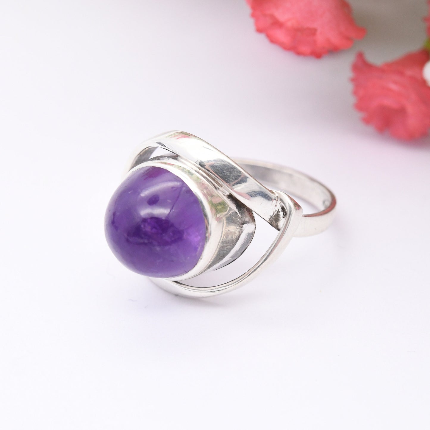 Vintage Sterling Silver Amethyst Ring Mid-Century Modern - Cabochon Large Purple Stone Unusual Statement | UK Size - M 1/2 | US Size - 6 1/2