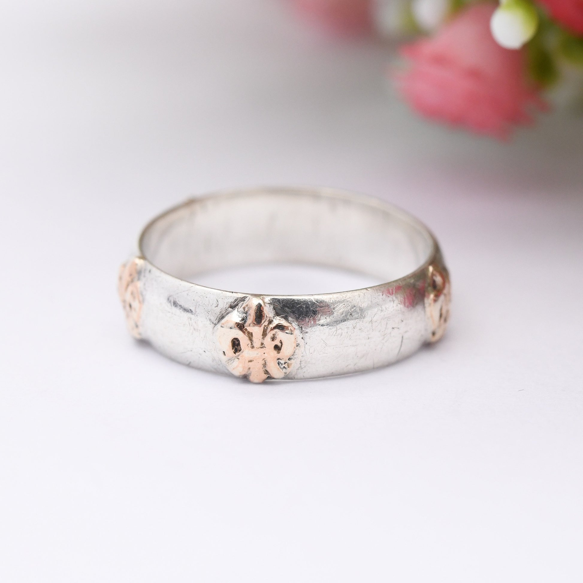 Vintage Fleur de Lis Gold and Silver Band Ring - Unusual Wedding Band | Portuguese Everyday Silver Jewellery | UK Size - L 1/2 | US Size - 6