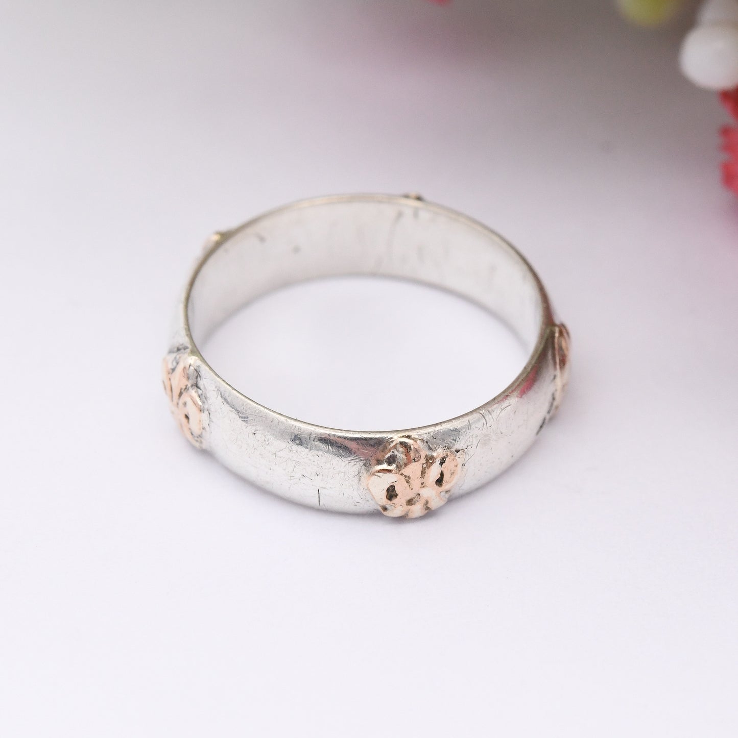 Vintage Fleur de Lis Gold and Silver Band Ring - Unusual Wedding Band | Portuguese Everyday Silver Jewellery | UK Size - L 1/2 | US Size - 6