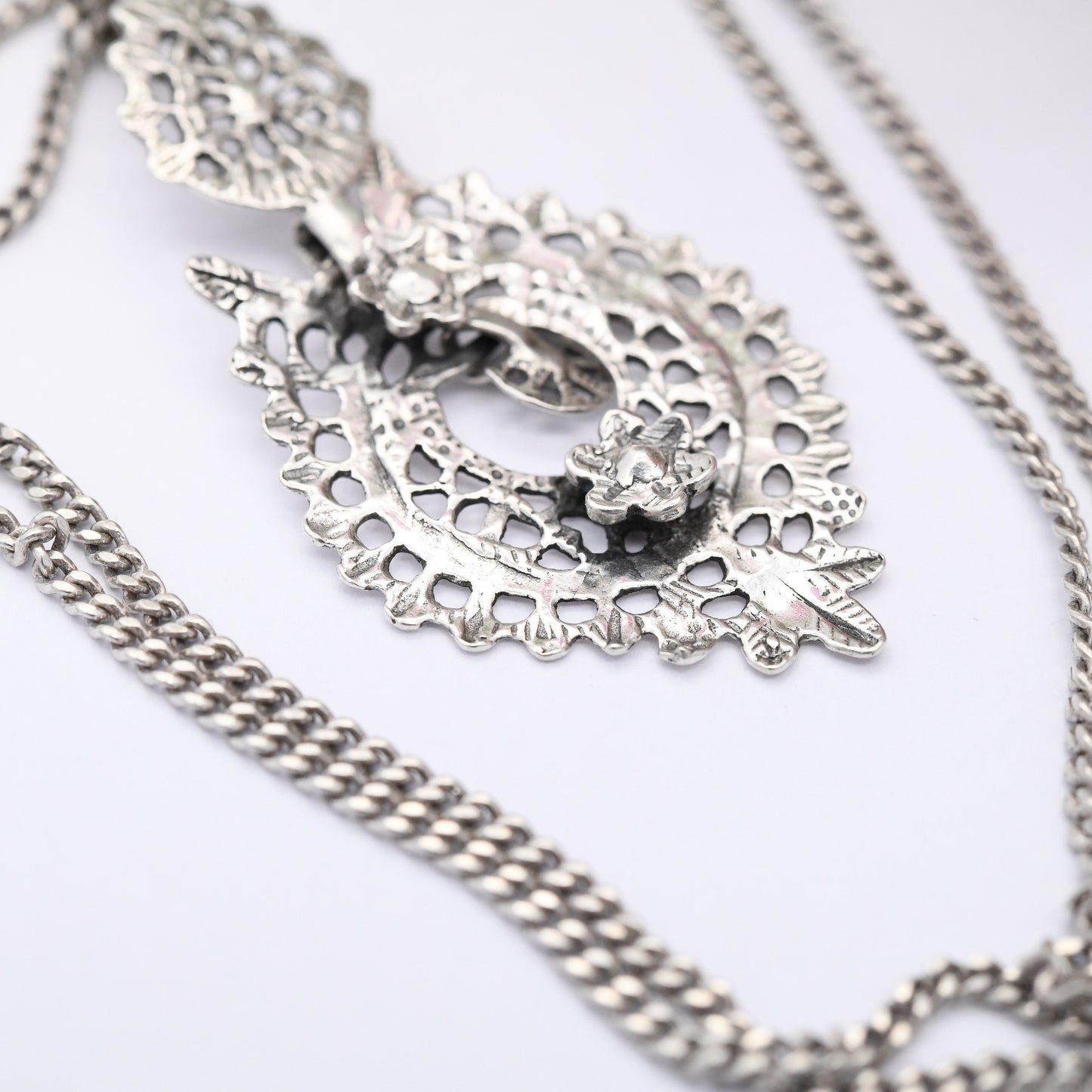 Vintage Portuguese Silver Flower Necklace with Articulated Pendant - European Victorian Style Ornate Silver Jewellery Pretty Jewelry Gift