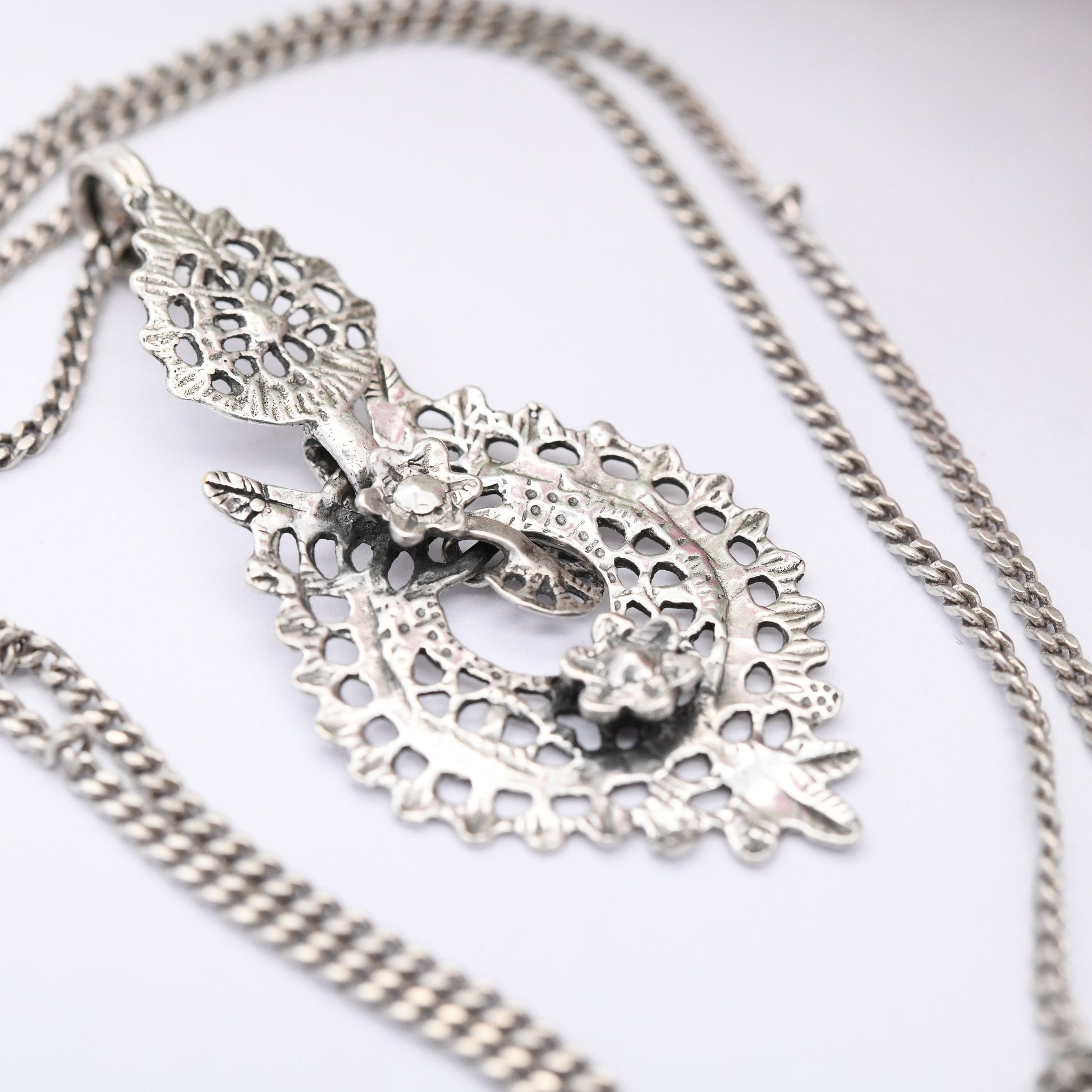 Vintage Portuguese Silver Flower Necklace with Articulated Pendant - European Victorian Style Ornate Silver Jewellery Pretty Jewelry Gift