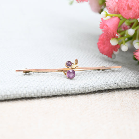 Antique Edwardian 9ct Gold Brooch with Amethyst Flowers - Minimal Bar Brooch | Floral Leaf Pin | Chester Hallmarks | Patent 177368