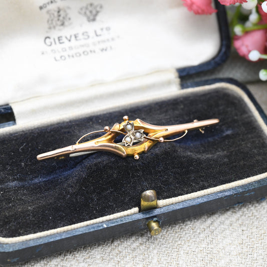 Antique 9ct Gold Pearl Leaf Bar Brooch Three Leaf Clover - Pretty Plant Design | Rose Gold Antique Jewellery | Granulated Detail