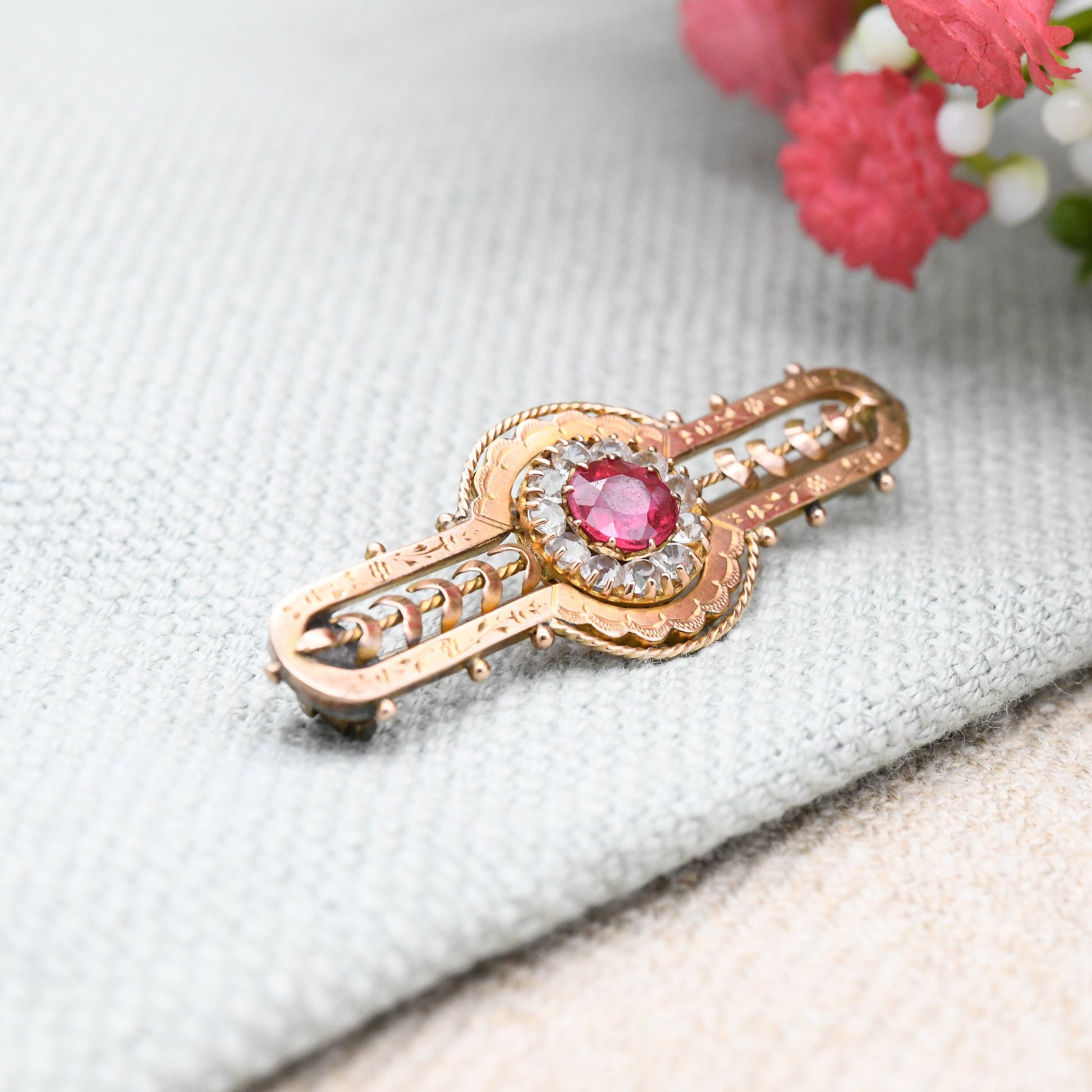 Antique Victorian 9ct Gold Ruby Paste Brooch - Red and Clear Stones Halo | Hand Carved Flower Border | Stunning Solid Gold Gift