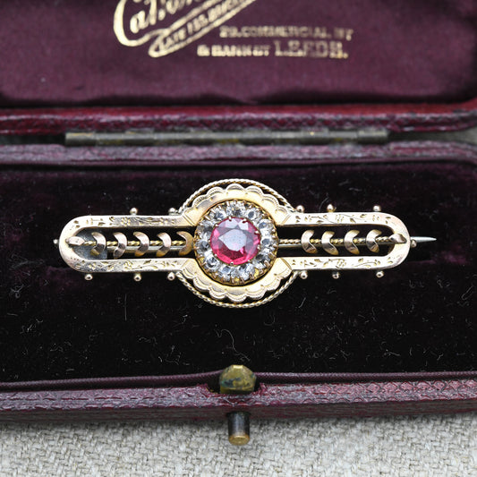 Antique Victorian 9ct Gold Ruby Paste Brooch - Red and Clear Stones Halo | Hand Carved Flower Border | Stunning Solid Gold Gift