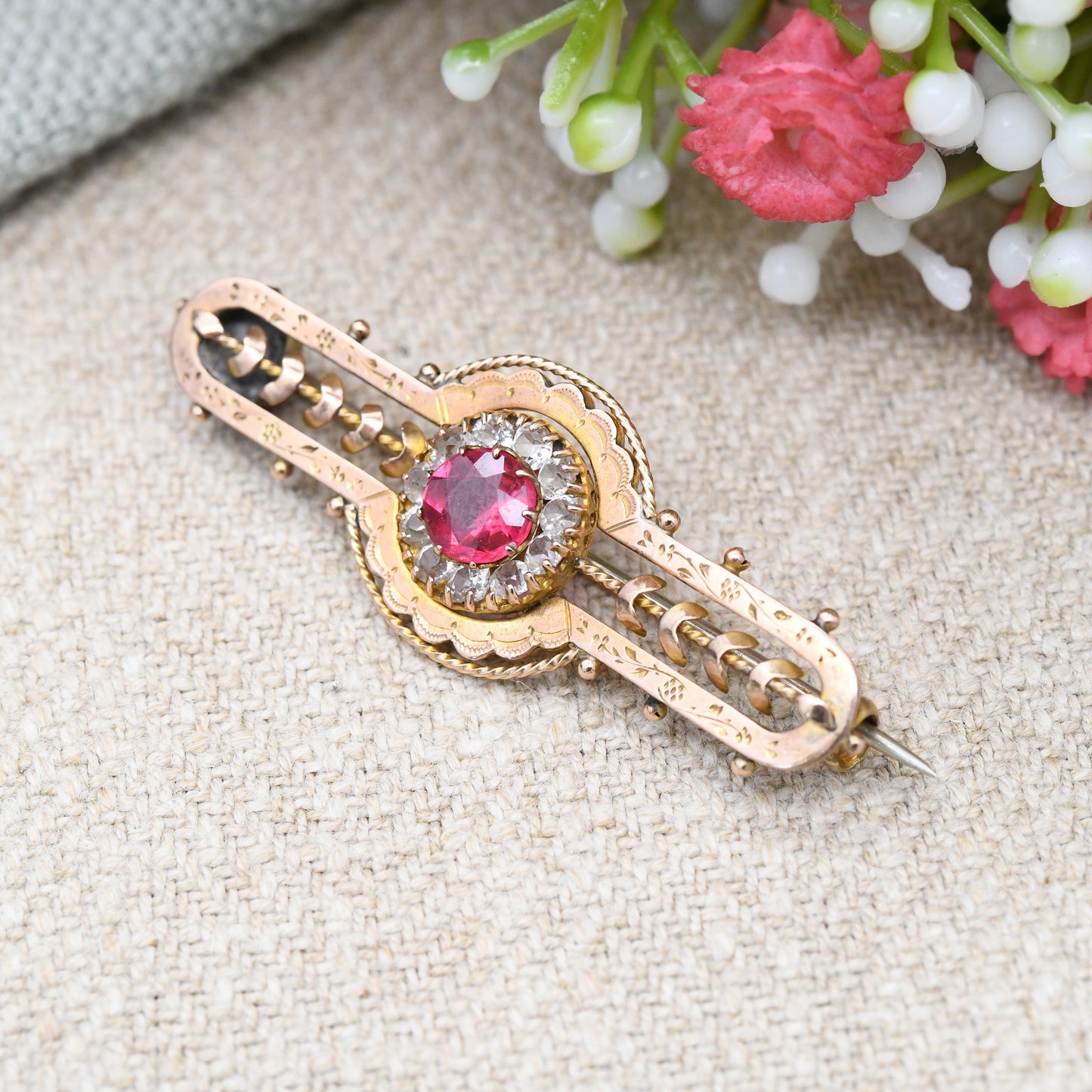 Antique Victorian 9ct Gold Ruby Paste Brooch - Red and Clear Stones Halo | Hand Carved Flower Border | Stunning Solid Gold Gift