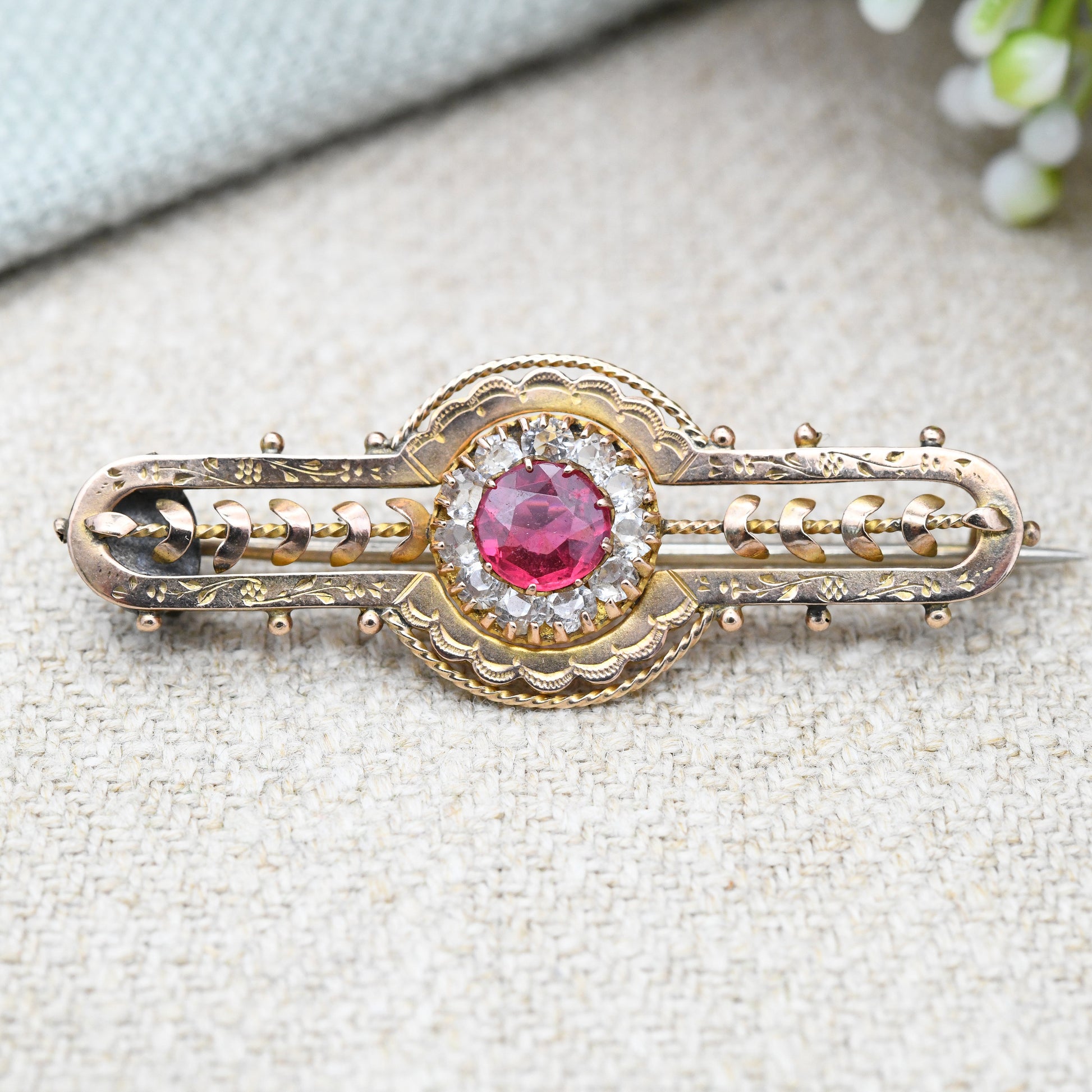 Antique Victorian 9ct Gold Ruby Paste Brooch - Red and Clear Stones Halo | Hand Carved Flower Border | Stunning Solid Gold Gift