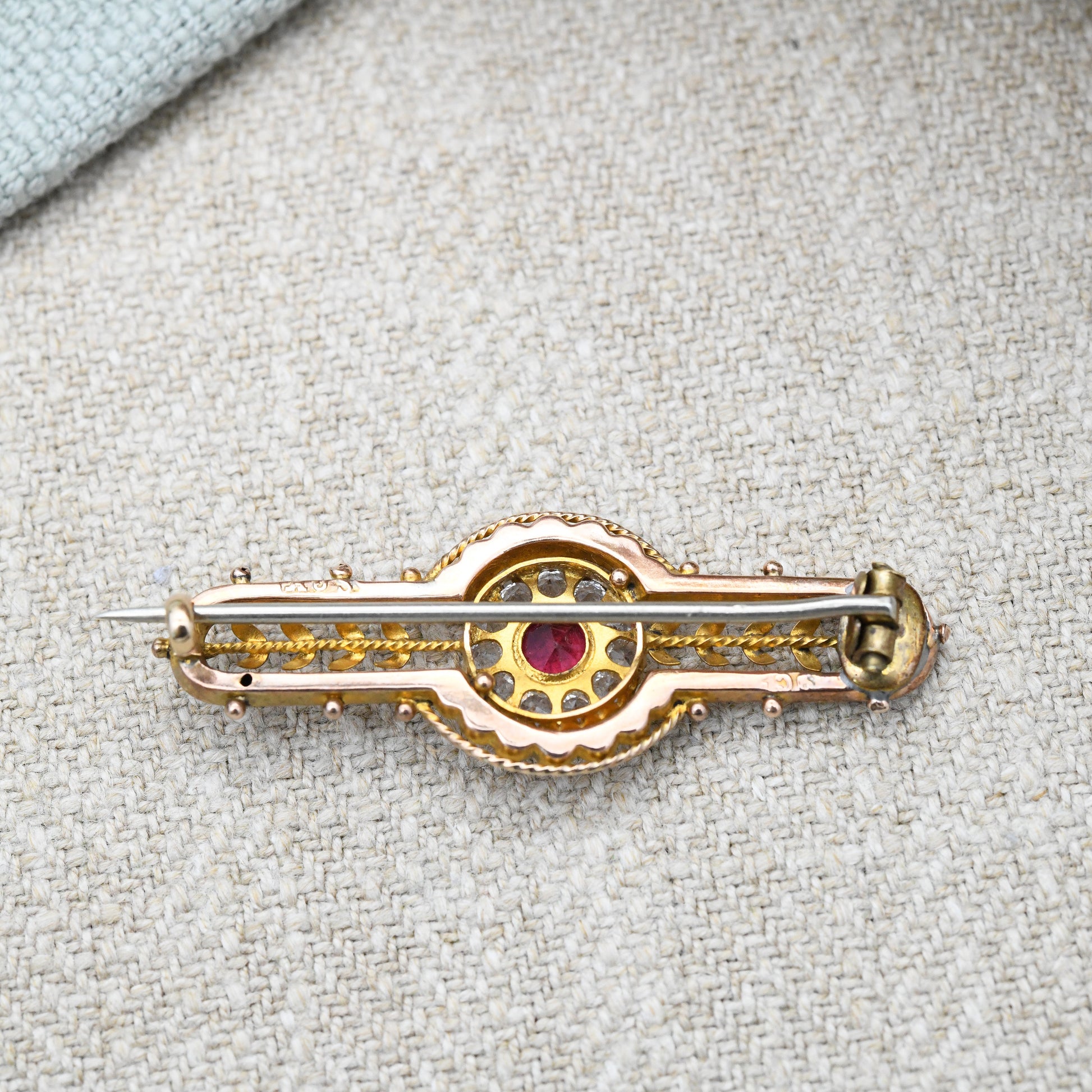 Antique Victorian 9ct Gold Ruby Paste Brooch - Red and Clear Stones Halo | Hand Carved Flower Border | Stunning Solid Gold Gift