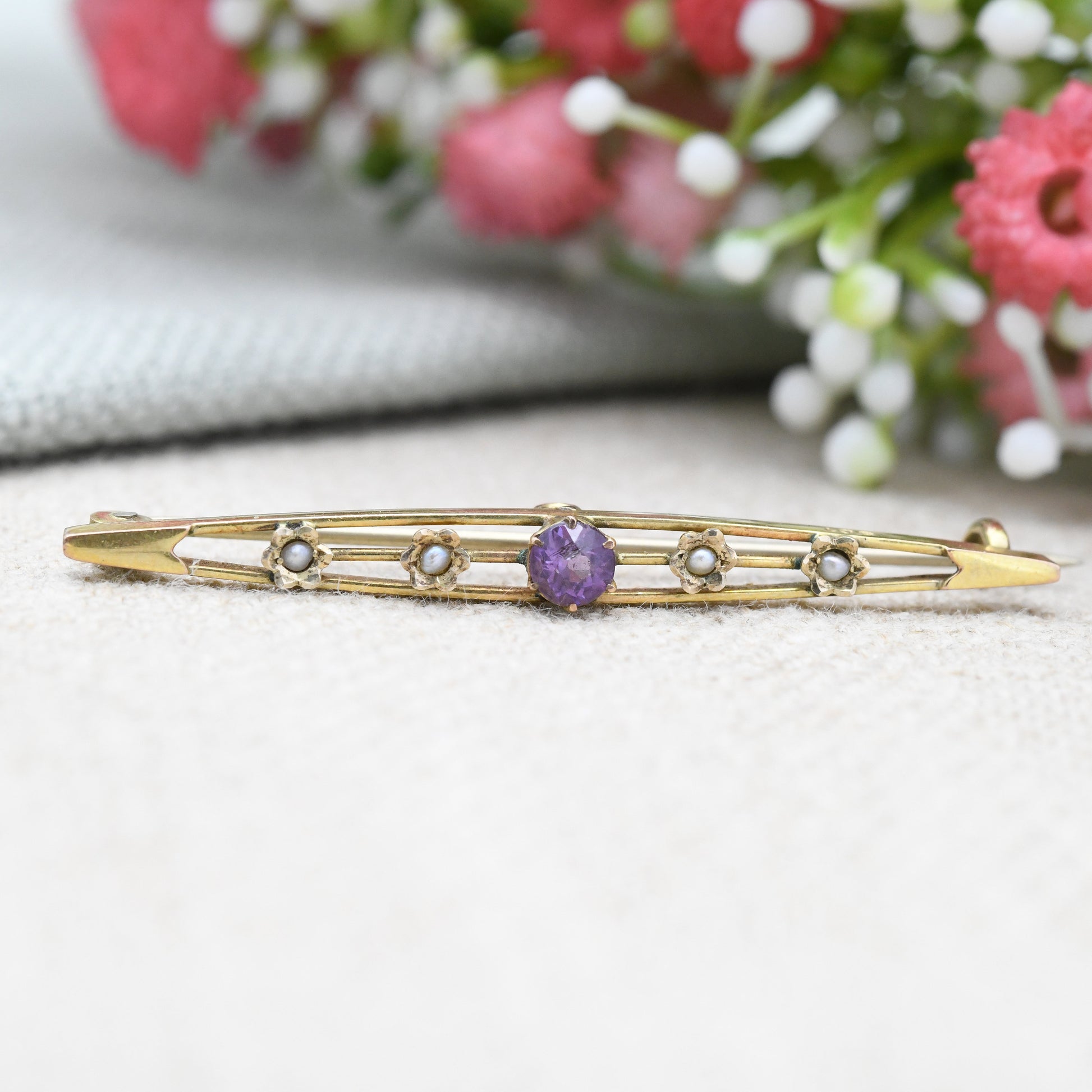 Antique Edwardian 9ct Gold Pearl and Amethyst Bar Brooch - Pretty Solid Gold Jewellery | Gold Jewelry Gift