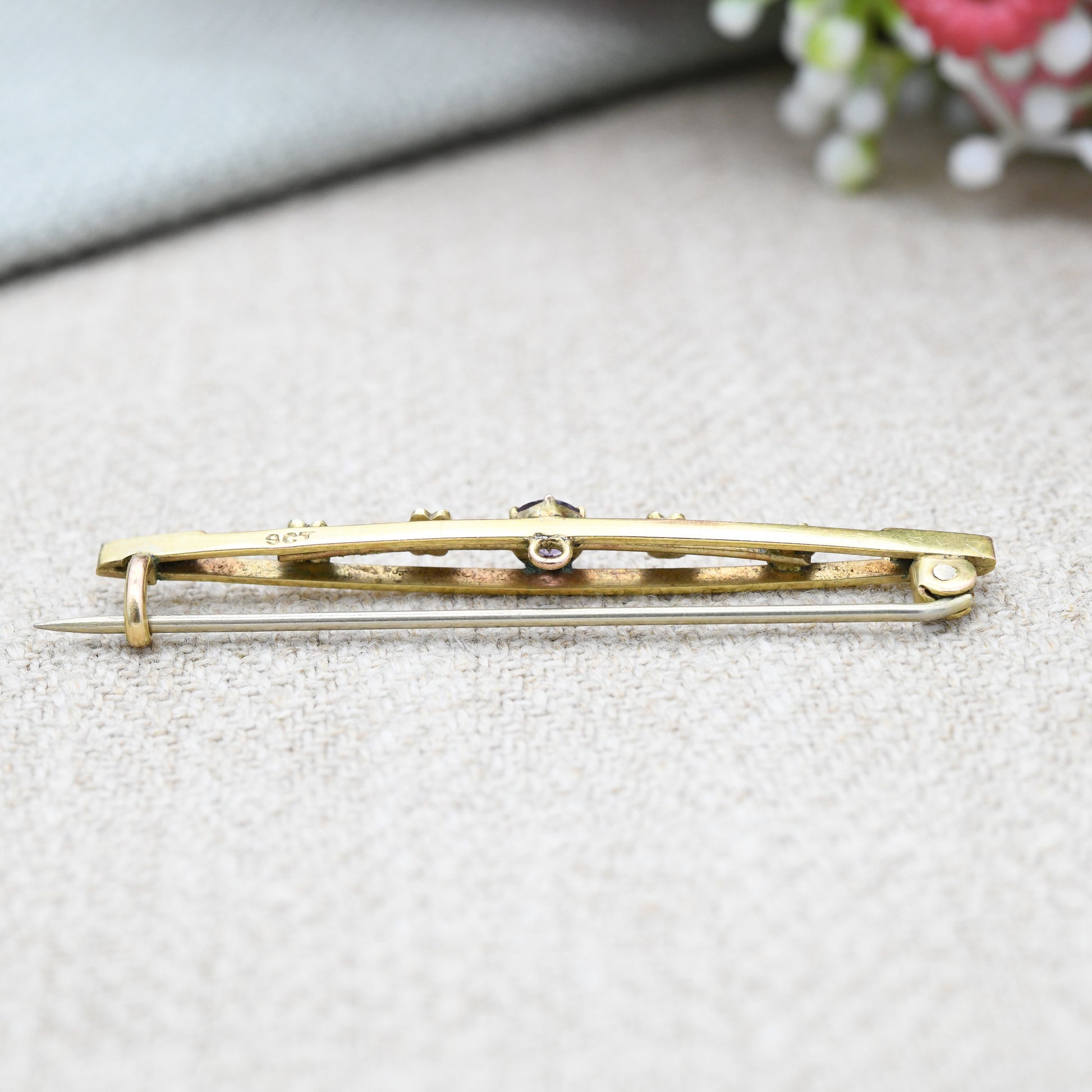 Antique Edwardian 9ct Gold Pearl and Amethyst Bar Brooch - Pretty Solid Gold Jewellery | Gold Jewelry Gift