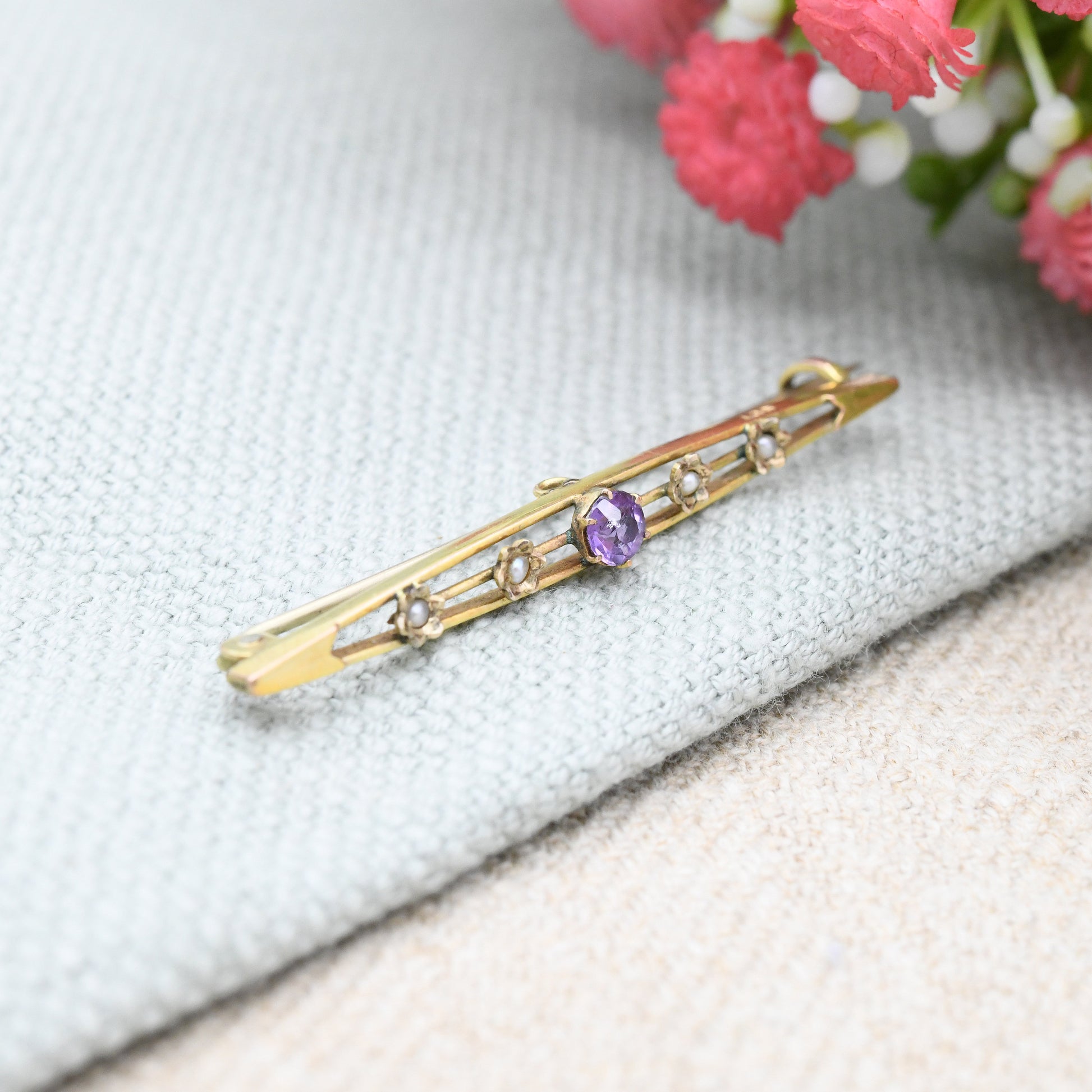 Antique Edwardian 9ct Gold Pearl and Amethyst Bar Brooch - Pretty Solid Gold Jewellery | Gold Jewelry Gift