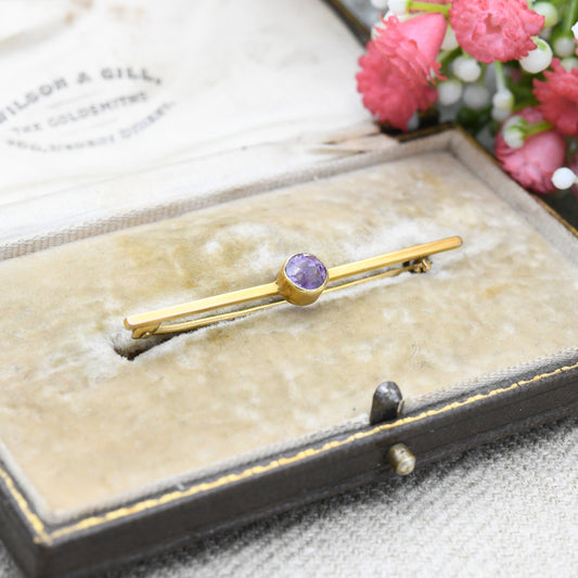 Antique Edwardian 9ct Gold Brooch with Amethyst - Minimal Solid Gold Bar Brooch | Large Solitaire Gemstone