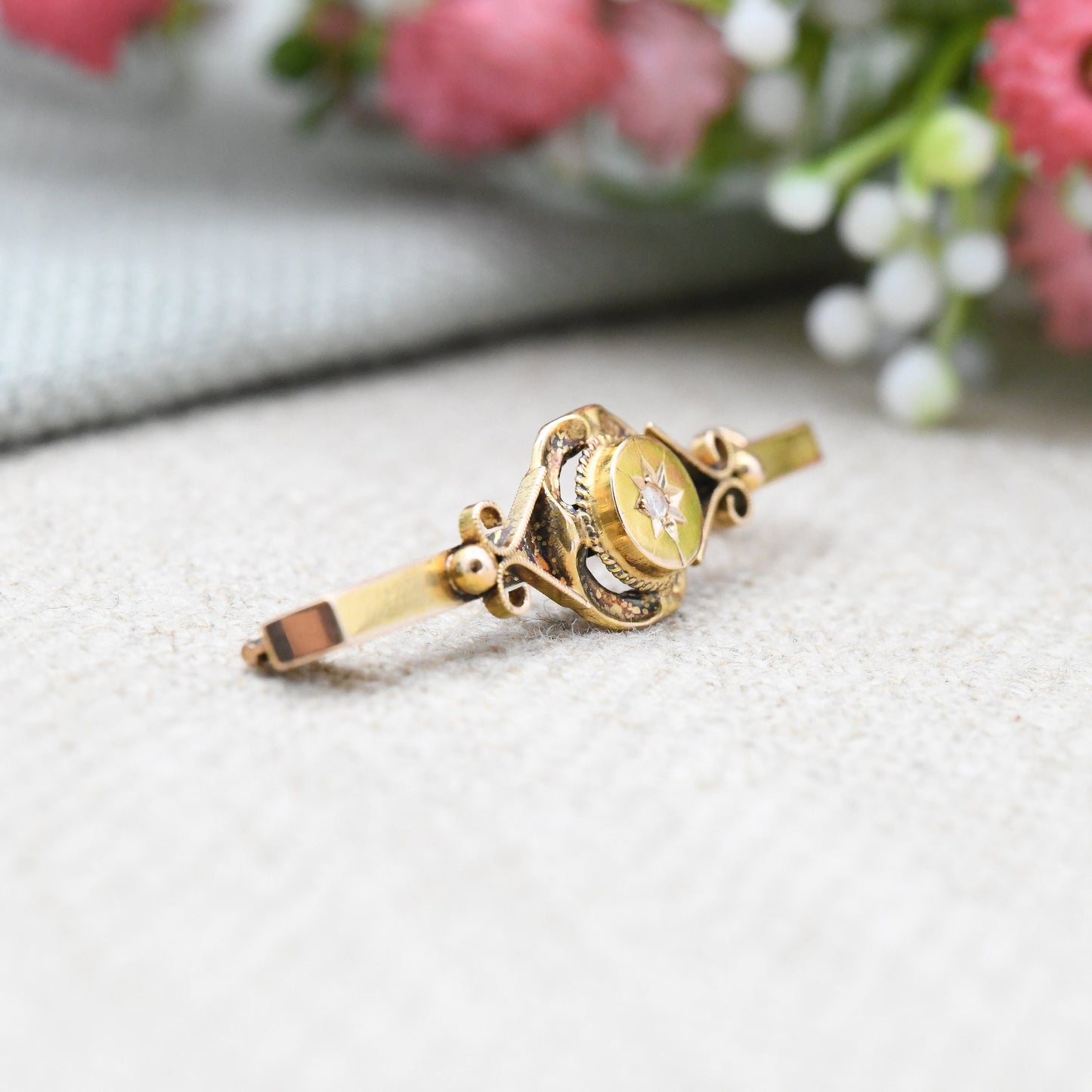 Antique Victorian 15ct Gold Diamond Brooch - Pretty Minimal Bar Brooch | Star Setting Celestial Design | Solid Gold Gift Jewellery