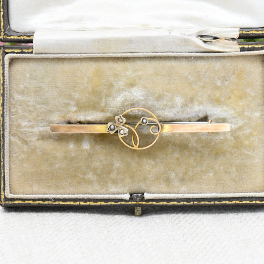 Antique 9ct Gold Flower Bar Brooch with Pearls 1919 - Floral Leaf Pin | Rose Gold | Flower in a Circle