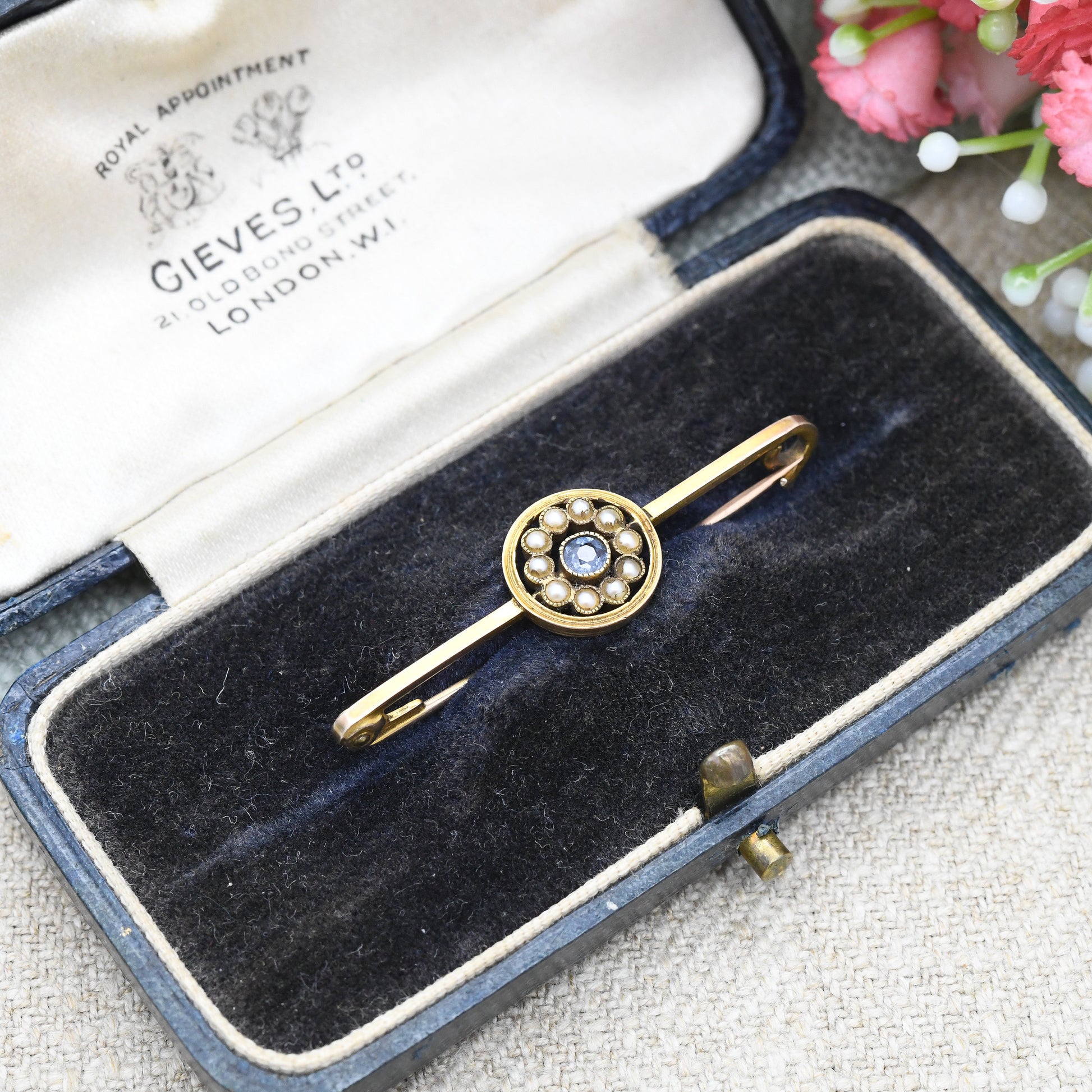 Antique 9ct Gold Sapphire and Pearl Flower Brooch - Pretty Gift Brooch Statement Pin | Edwardian Design