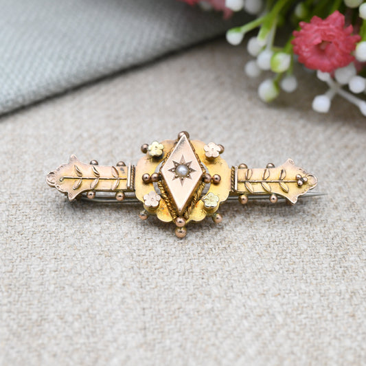 Antique Edwardian 9ct Gold Brooch with Pearl 1903 - Flower and Leaf Design | Chester Hallmarks | Pretty Bar Brooch