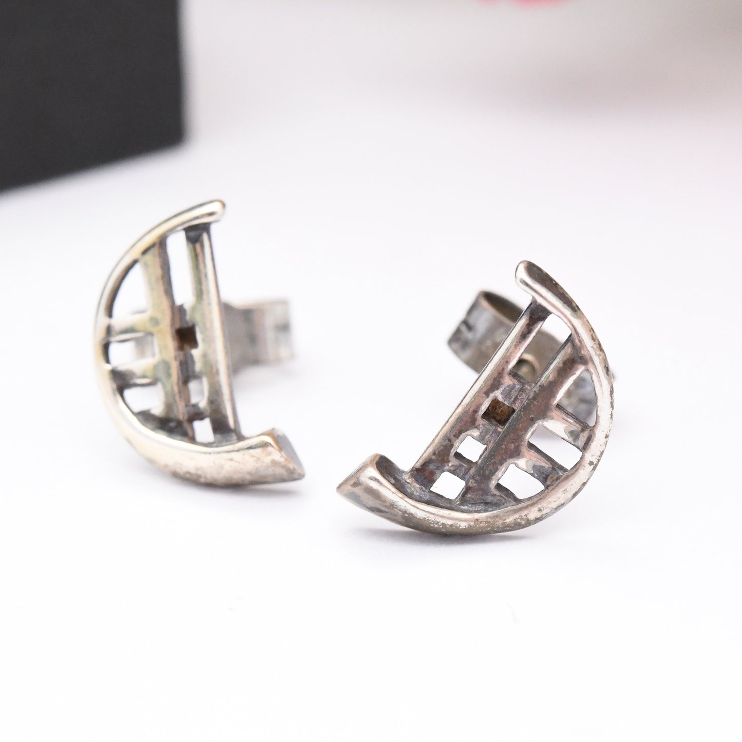 Vintage Carrick Sterling Silver Celtic Stud Earrings - Half Moon C Shape Semi-Circle | Scottish Design in a Mackintosh Box | Gift for Her