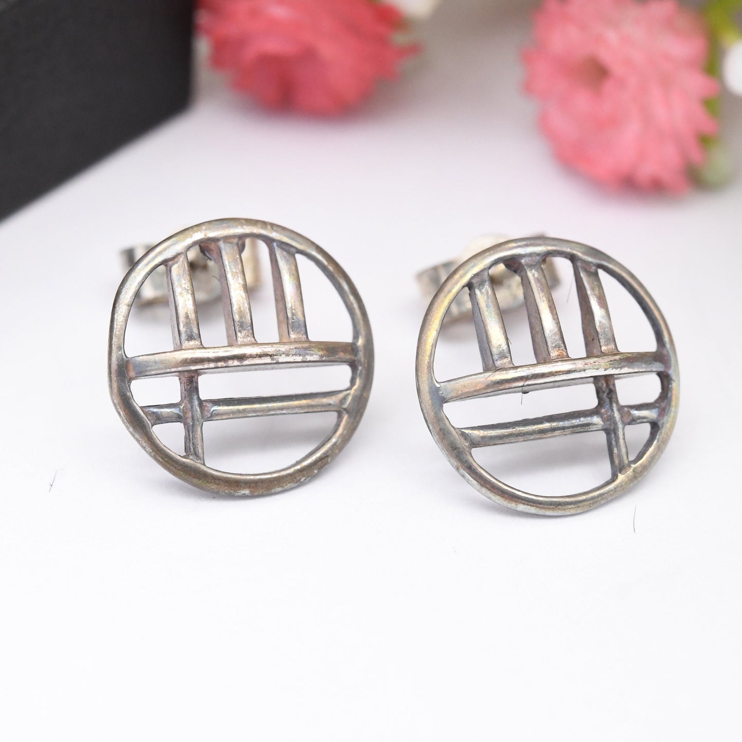 Vintage Carrick Sterling Silver Celtic Stud Earrings - Open Circle Geometric Pattern| Scottish Design in a Mackintosh Box | Gift for Her