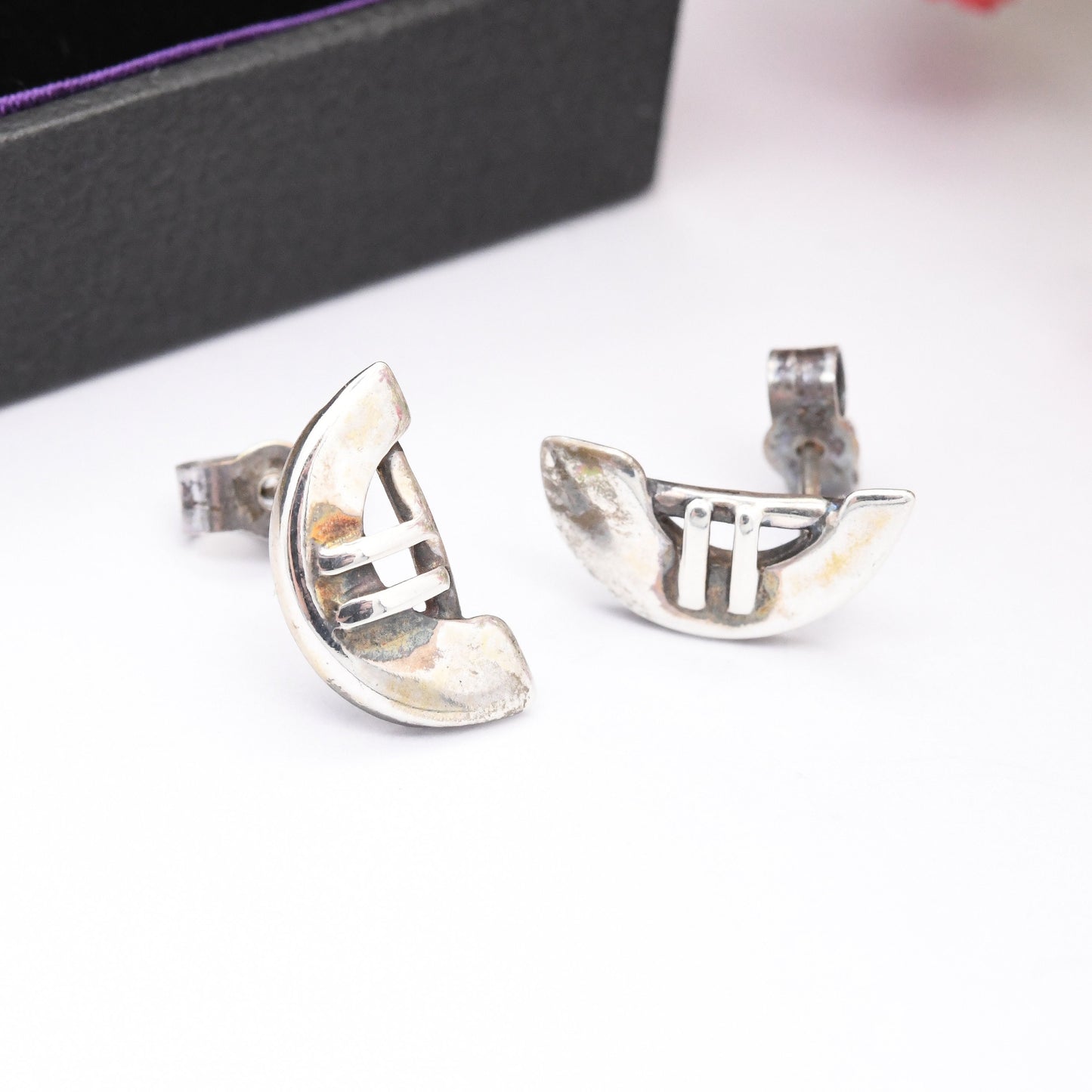 Vintage Carrick Sterling Silver Celtic Stud Earrings - Half Moon Geometric Shape Semi-Circle | Scottish Design Mackintosh Box | Gift for Her