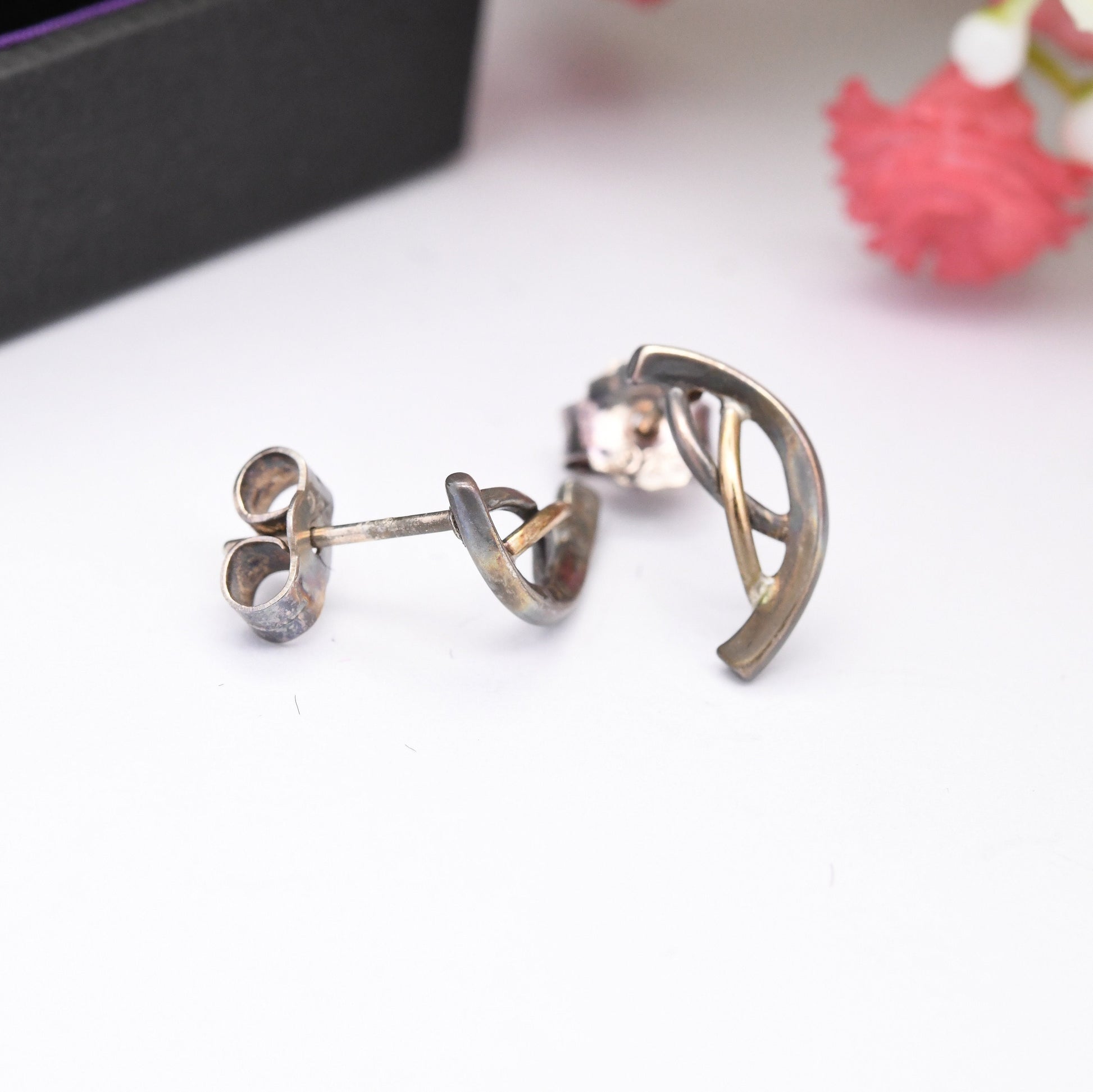 Vintage Carrick Sterling Silver Celtic Twist Stud Earrings - Half Moon C Shape Semicircle | Scottish Design in Mackintosh Box | Gift for Her