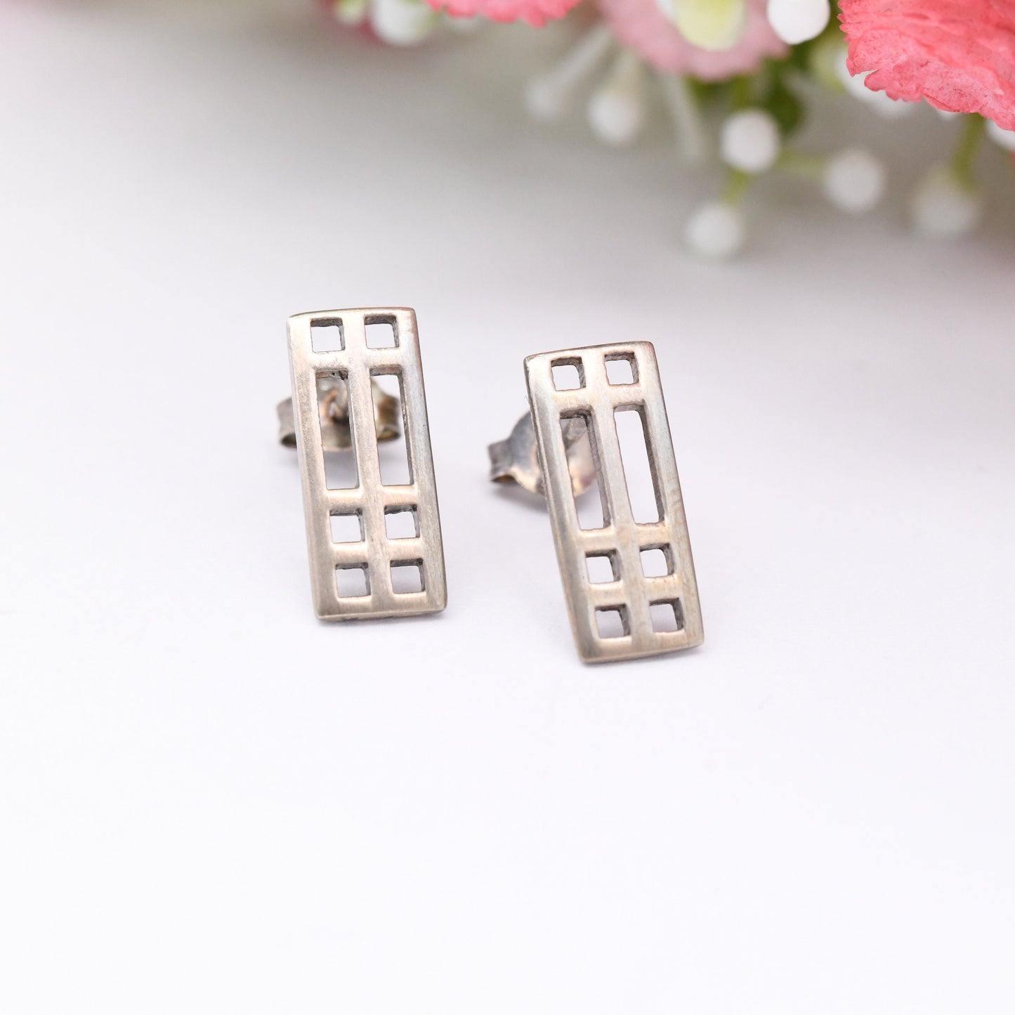 Vintage Kit Heath Sterling Silver Celtic Stud Earrings - Geometric Rectangle | Scottish Design in a Mackintosh Box | Gift for Her