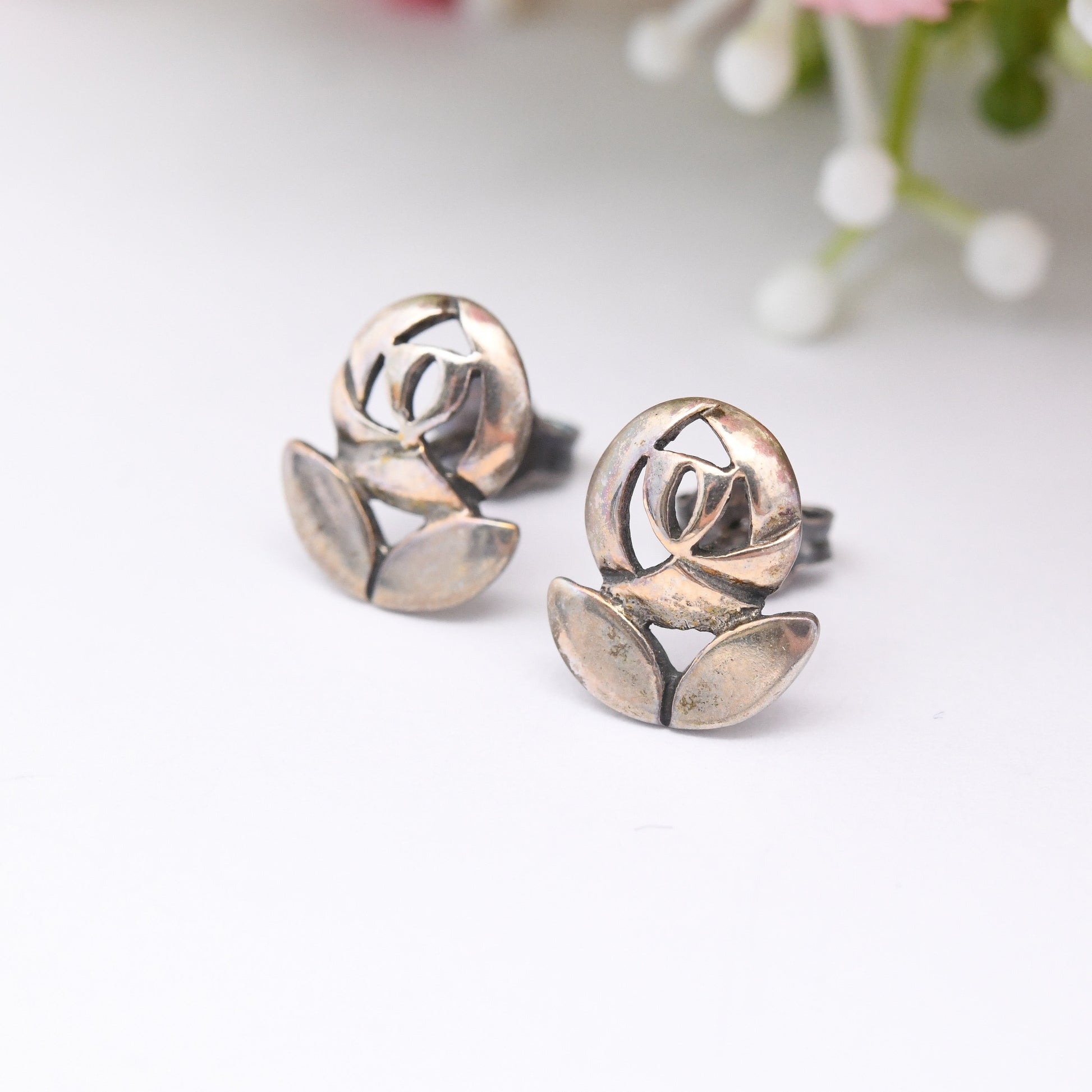 Vintage Kit Heath Sterling Silver Glasgow Rose Stud Earrings - Great British Designer | Celtic Scottish Flower | Mackintosh Gift Box