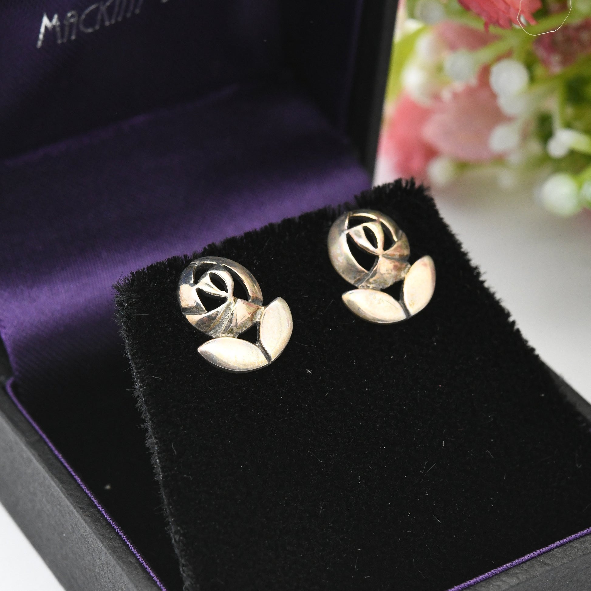 Vintage Kit Heath Sterling Silver Glasgow Rose Stud Earrings - Great British Designer | Celtic Scottish Flower | Mackintosh Gift Box