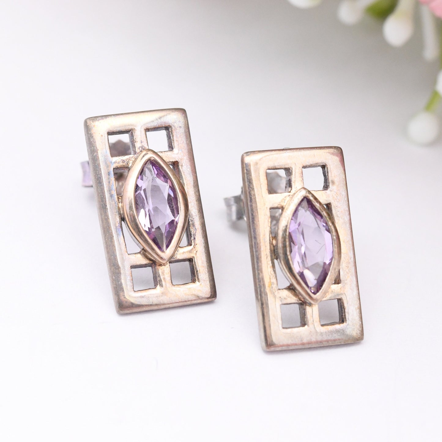 Vintage Kit Heath Amethyst Sterling Silver Celtic Stud Earrings - Marquise Stone in Rectangle | Mackintosh Gift Box | Great British Designer