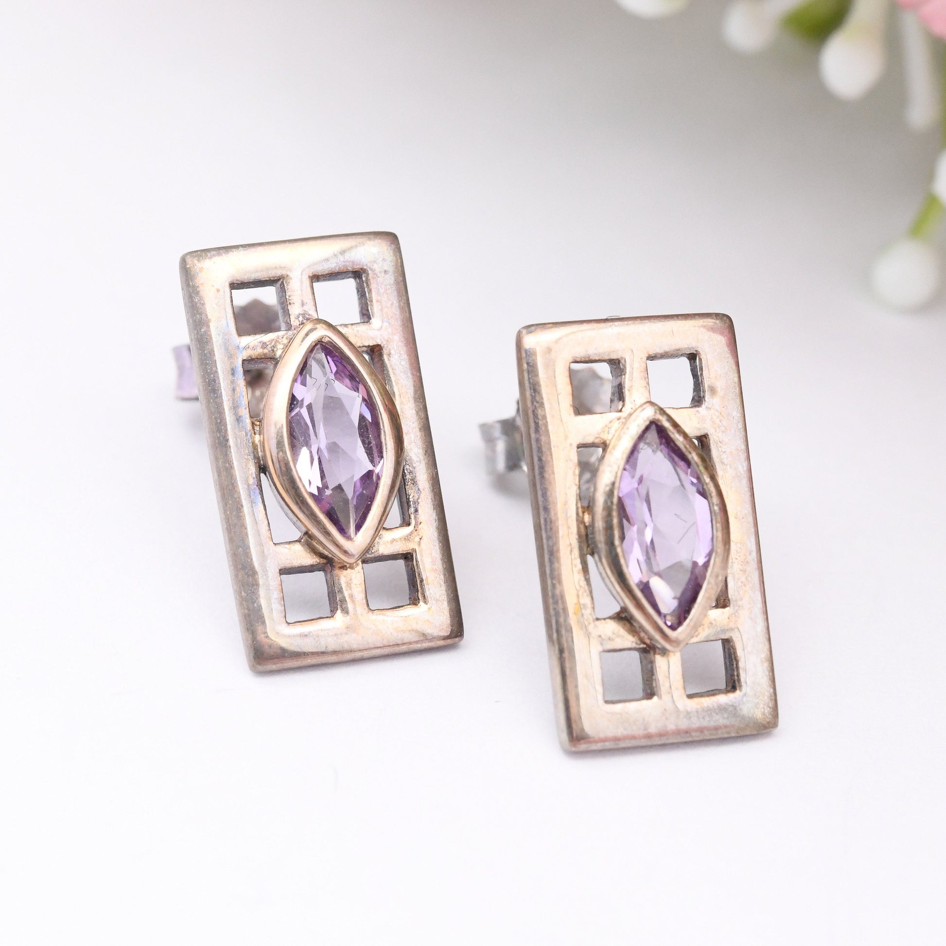 Vintage Kit Heath Amethyst Sterling Silver Celtic Stud Earrings - Marquise Stone in Rectangle | Mackintosh Gift Box | Great British Designer