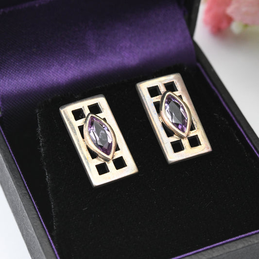 Vintage Kit Heath Amethyst Sterling Silver Celtic Stud Earrings - Marquise Stone in Rectangle | Mackintosh Gift Box | Great British Designer