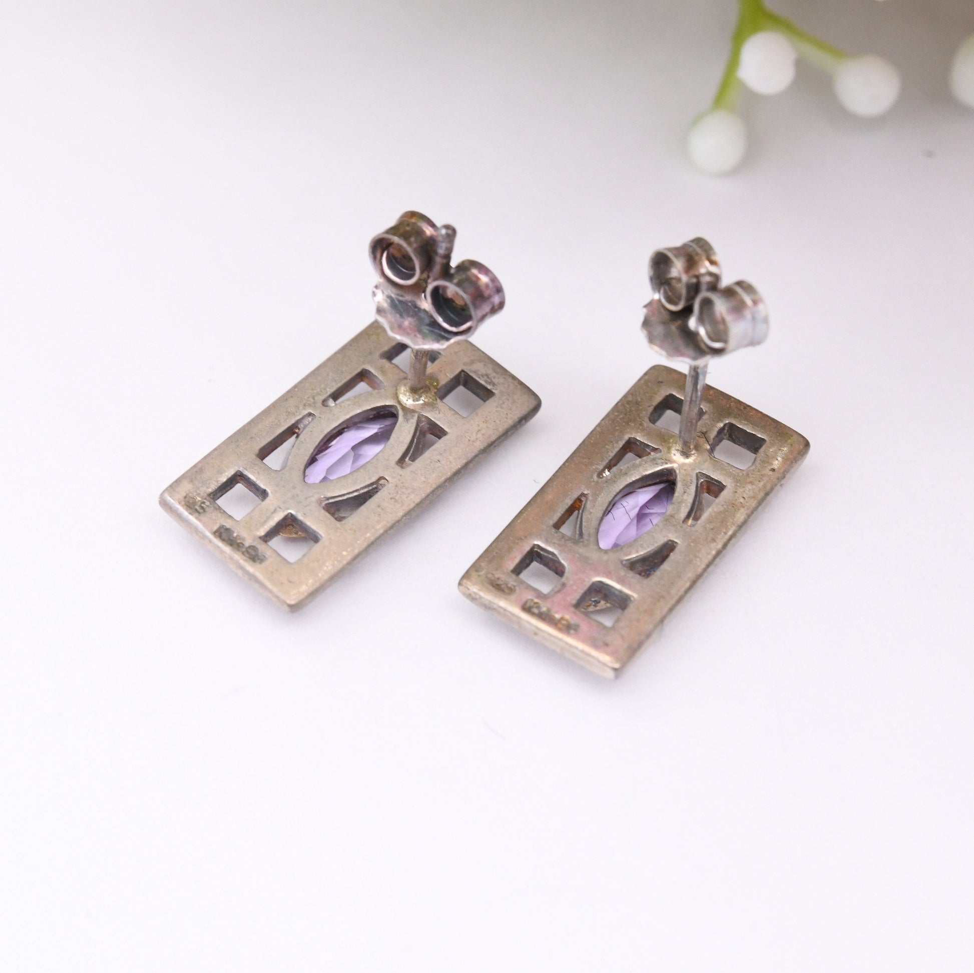 Vintage Kit Heath Amethyst Sterling Silver Celtic Stud Earrings - Marquise Stone in Rectangle | Mackintosh Gift Box | Great British Designer