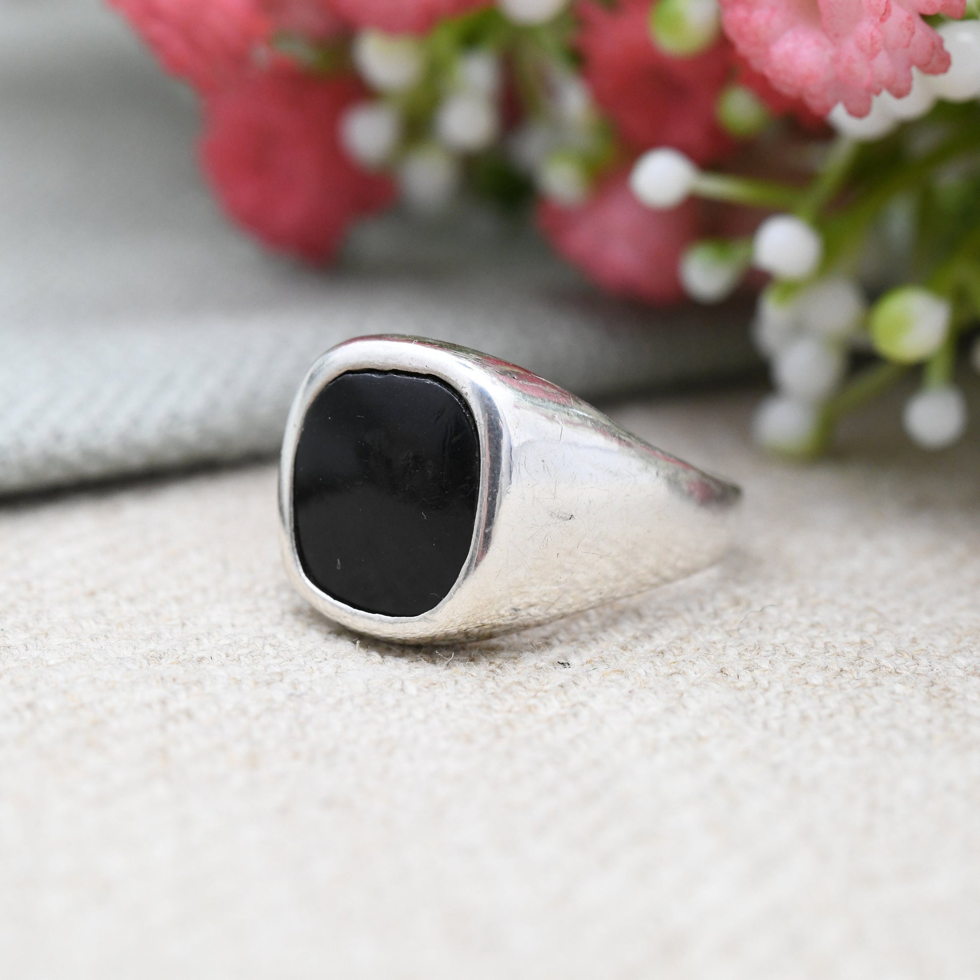 Vintage Sterling Silver Onyx Signet Ring - Unisex Square Black Stone Ring | UK Size - Q 1/2 | US Size - 8 1/2