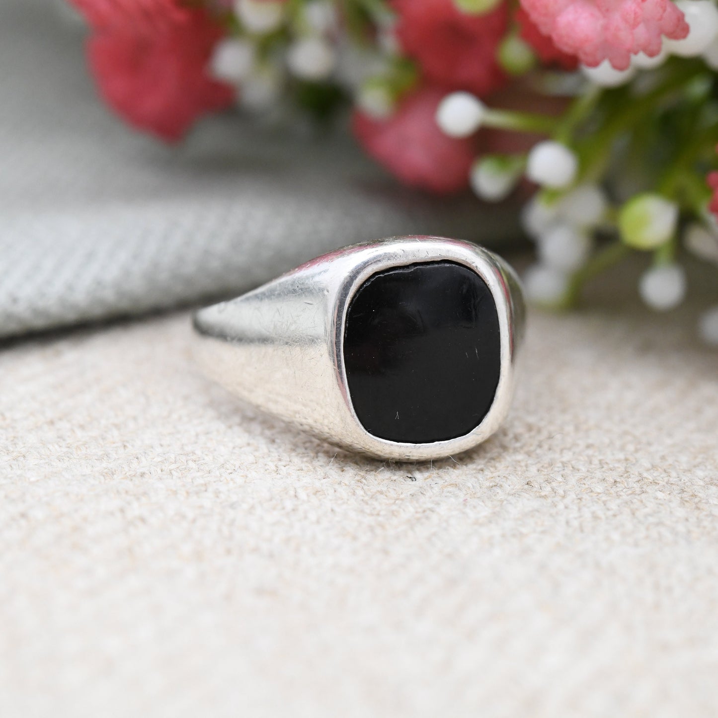 Vintage Sterling Silver Onyx Signet Ring - Unisex Square Black Stone Ring | UK Size - Q 1/2 | US Size - 8 1/2