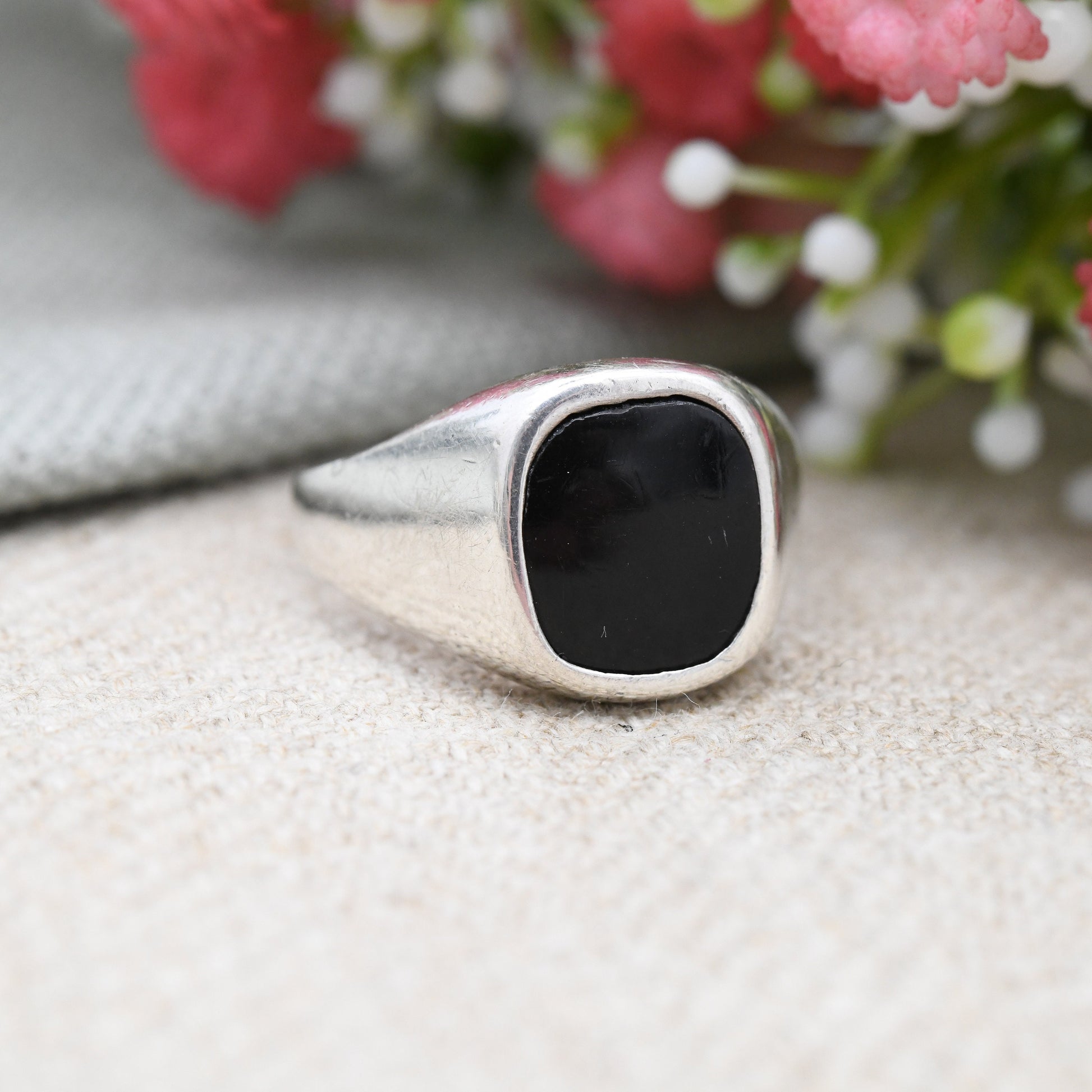 Vintage Sterling Silver Onyx Signet Ring - Unisex Square Black Stone Ring | UK Size - Q 1/2 | US Size - 8 1/2