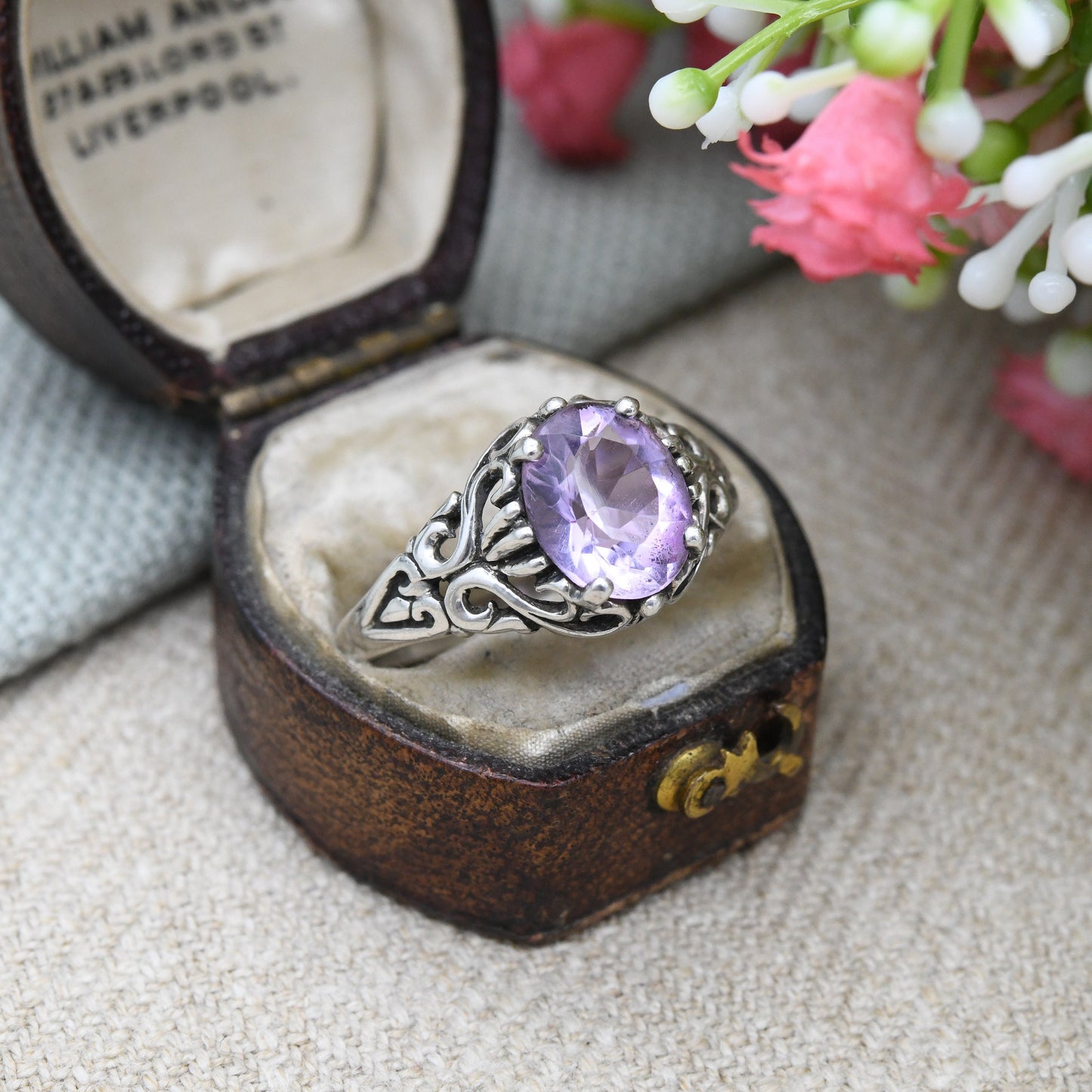 Vintage Kabana Sterling Silver Amethyst Ring New Mexico Designer USA - Large Purple Stone Solitaire | UK Size - S 1/2 | US Size - 9 1/4