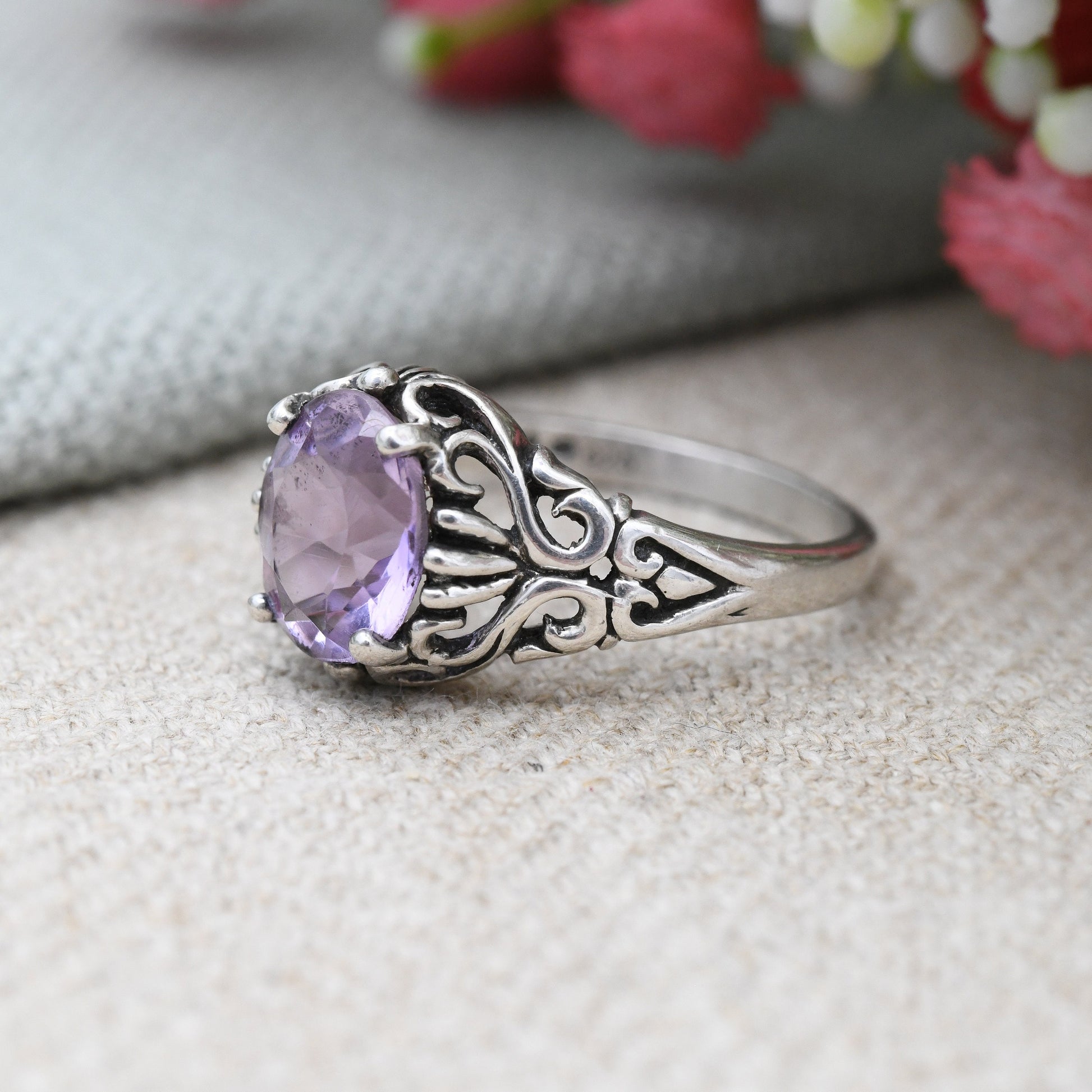 Vintage Kabana Sterling Silver Amethyst Ring New Mexico Designer USA - Large Purple Stone Solitaire | UK Size - S 1/2 | US Size - 9 1/4