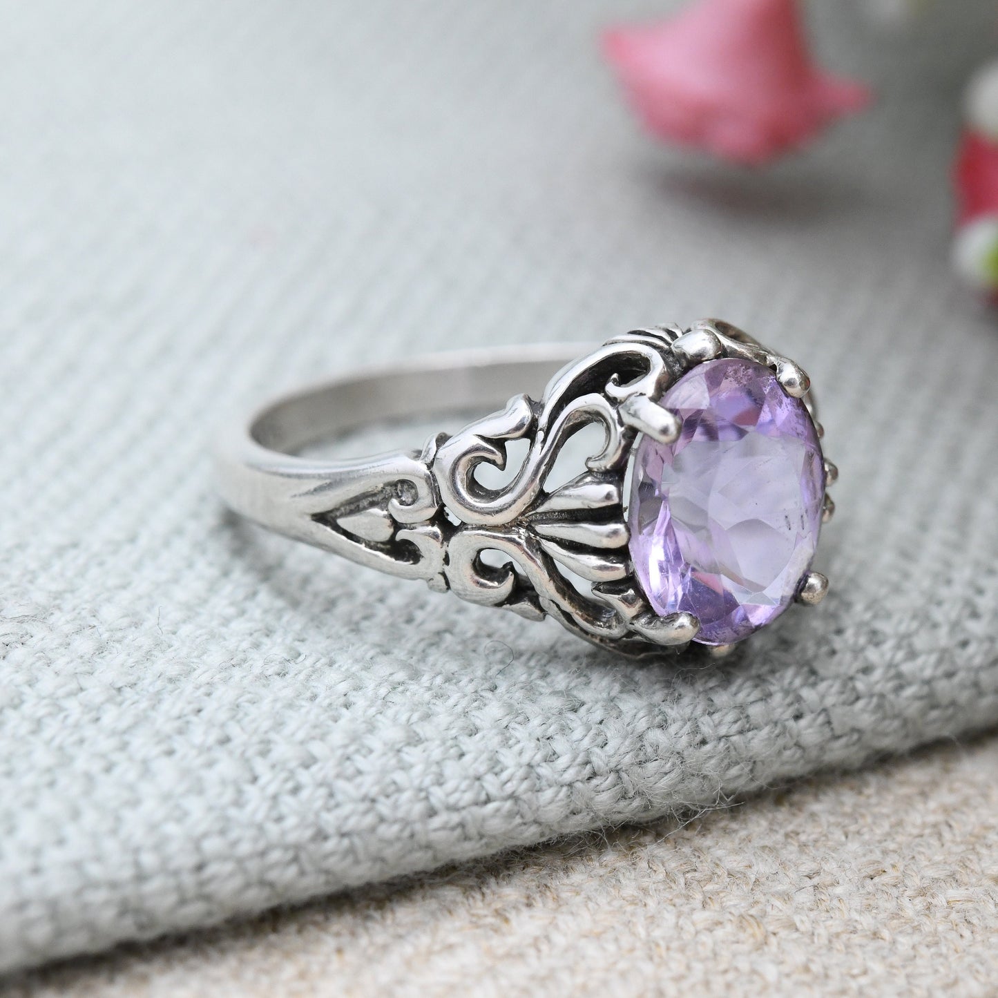 Vintage Kabana Sterling Silver Amethyst Ring New Mexico Designer USA - Large Purple Stone Solitaire | UK Size - S 1/2 | US Size - 9 1/4