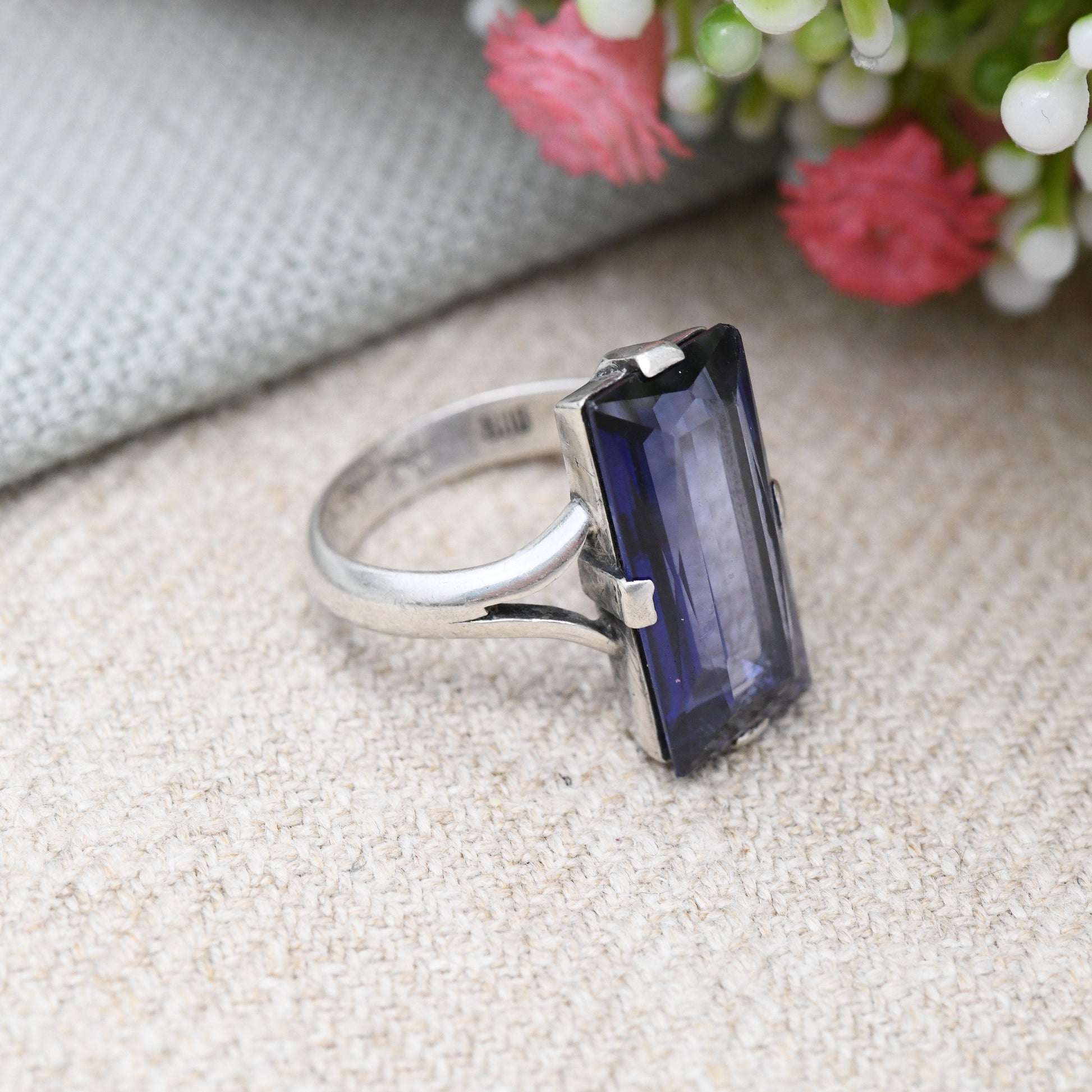 Vintage European Silver Ring with Large Blue Stone - Faceted Rectangle Stone Statement Solitaire | UK Size - P | US Size - 7 1/2