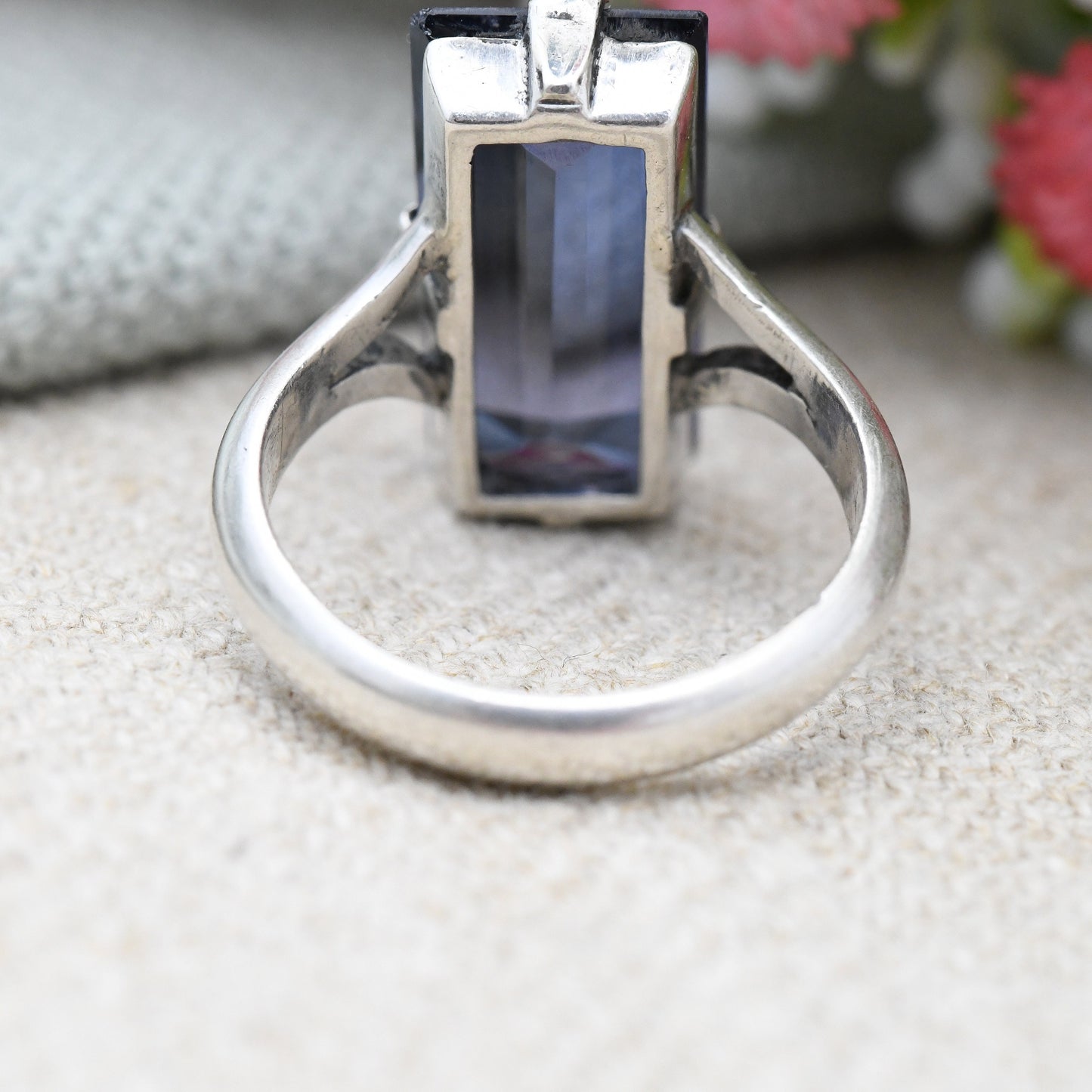 Vintage European Silver Ring with Large Blue Stone - Faceted Rectangle Stone Statement Solitaire | UK Size - P | US Size - 7 1/2