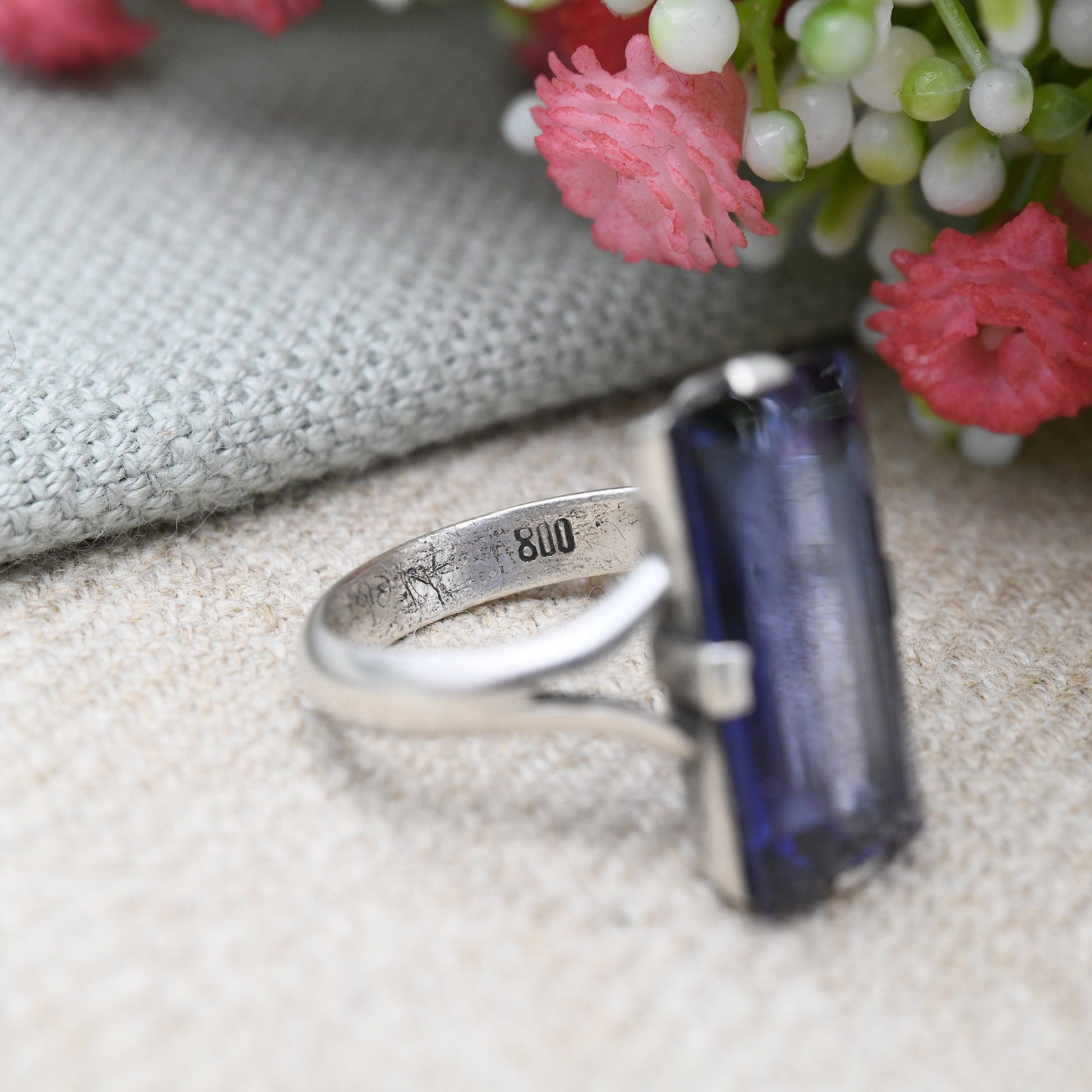 Vintage European Silver Ring with Large Blue Stone - Faceted Rectangle Stone Statement Solitaire | UK Size - P | US Size - 7 1/2