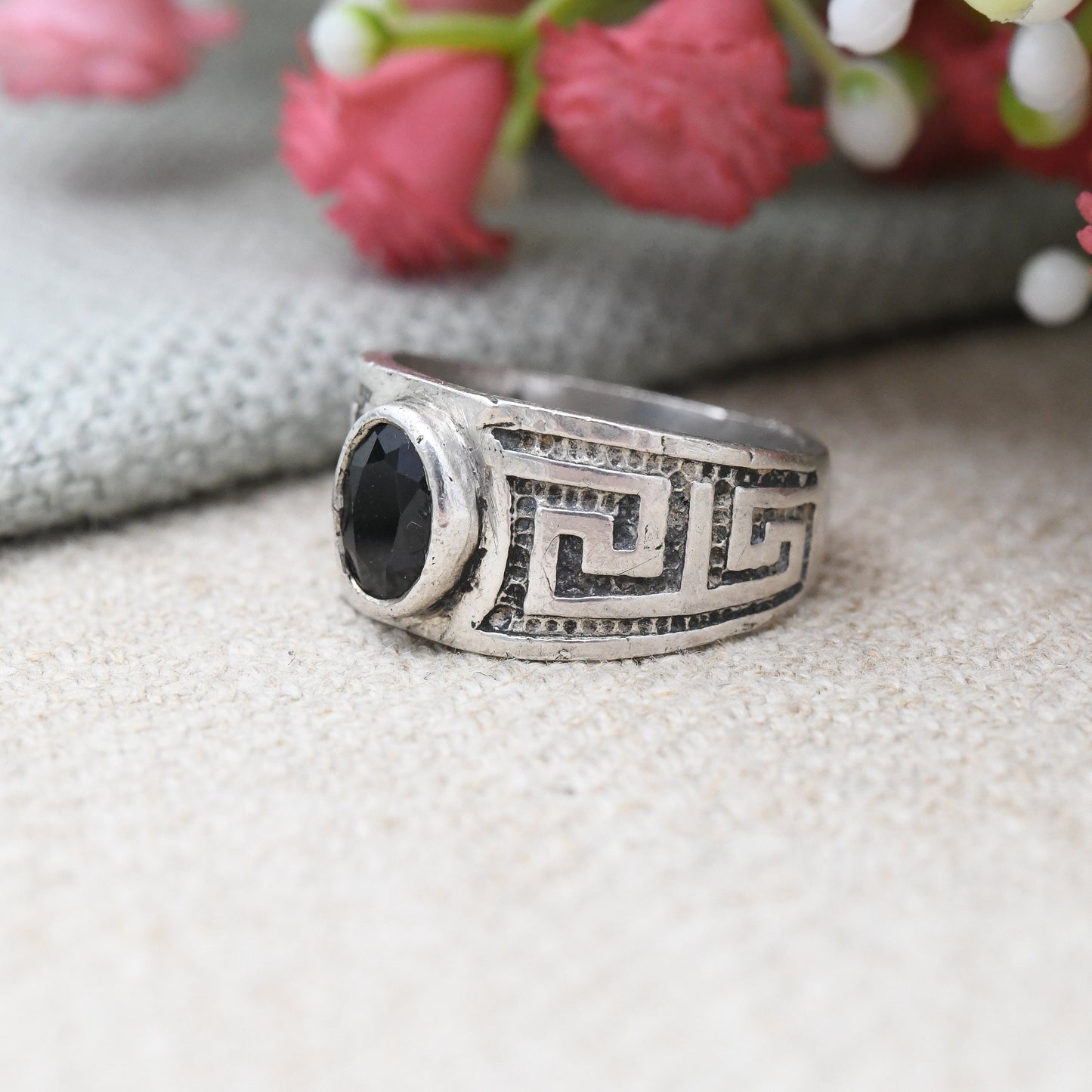 Vintage Silver Sapphire Greek Key Ring - Meander Band Unisex Minimal Silver Jewellery | Pinkie Ring | UK Size - H 1/2 | US Size - 4