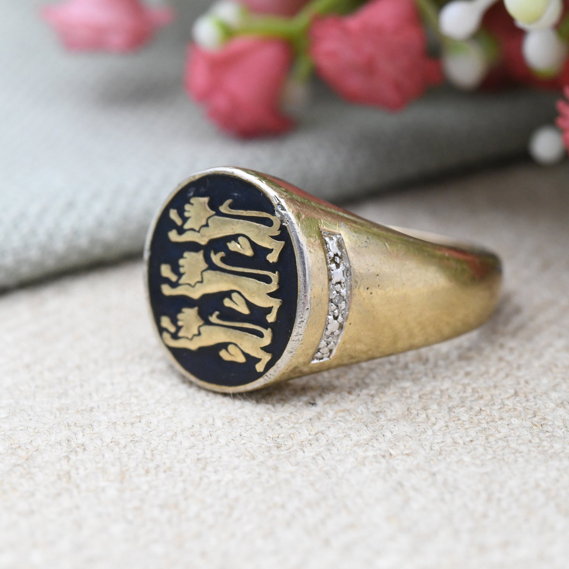 Vintage England Signet Ring with Diamonds Gold Plated Sterling Silver - Large Unisex Men Gift | Three Lions | UK Size - V | US Size - 10 1/2