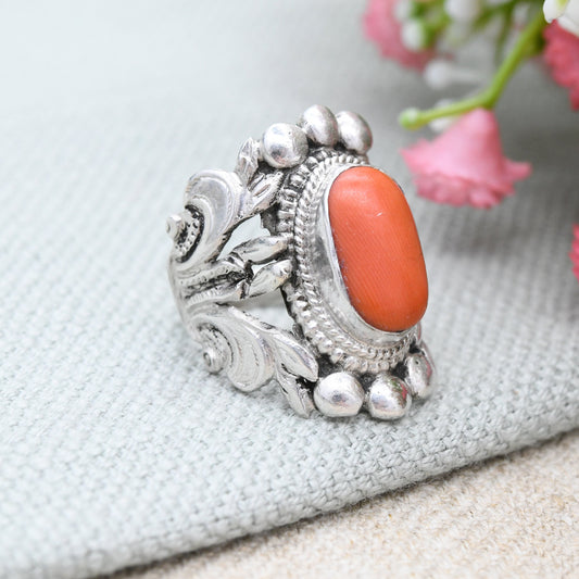 Vintage Silver Coral Ring with Ornate Band and Rope Setting - Large Statement Armour Ring | Hand Engraved | UK Size - L 1/2 | US Size - 6