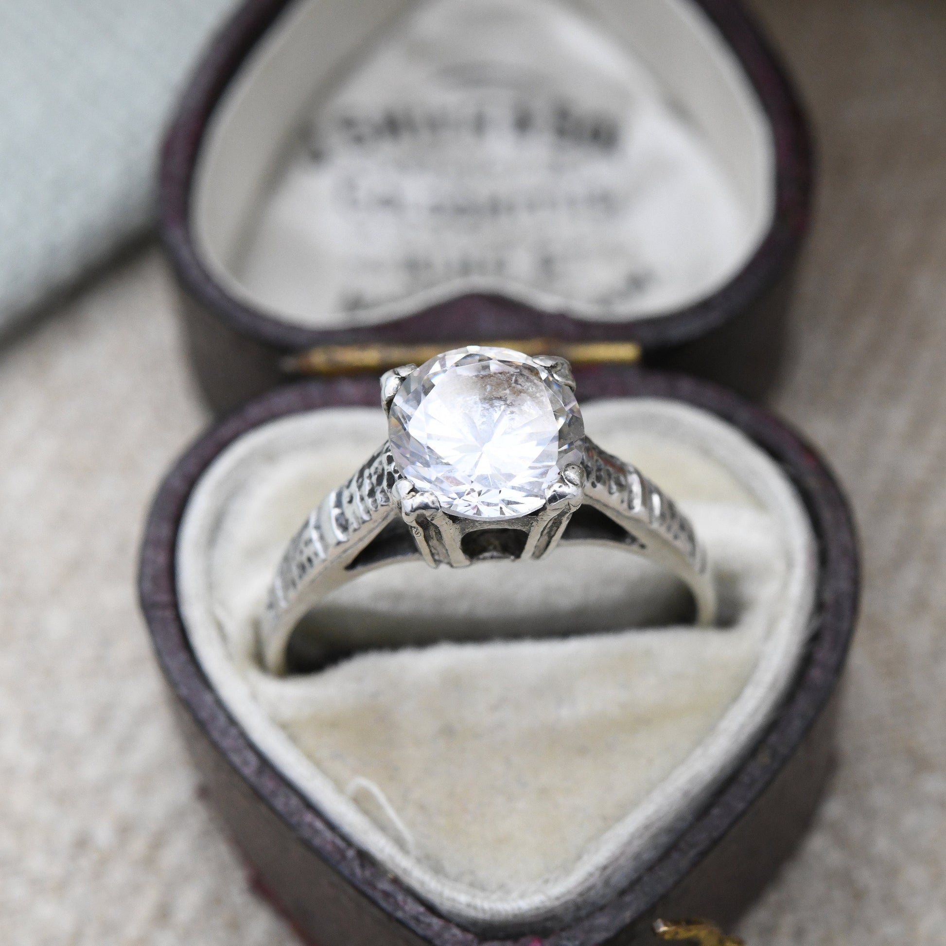 Vintage Sterling Silver Solitaire Ring - Large White Stone CZ Statement Placeholder Engagement Ring | UK Size - M 1/2 | US Size - 6 1/2