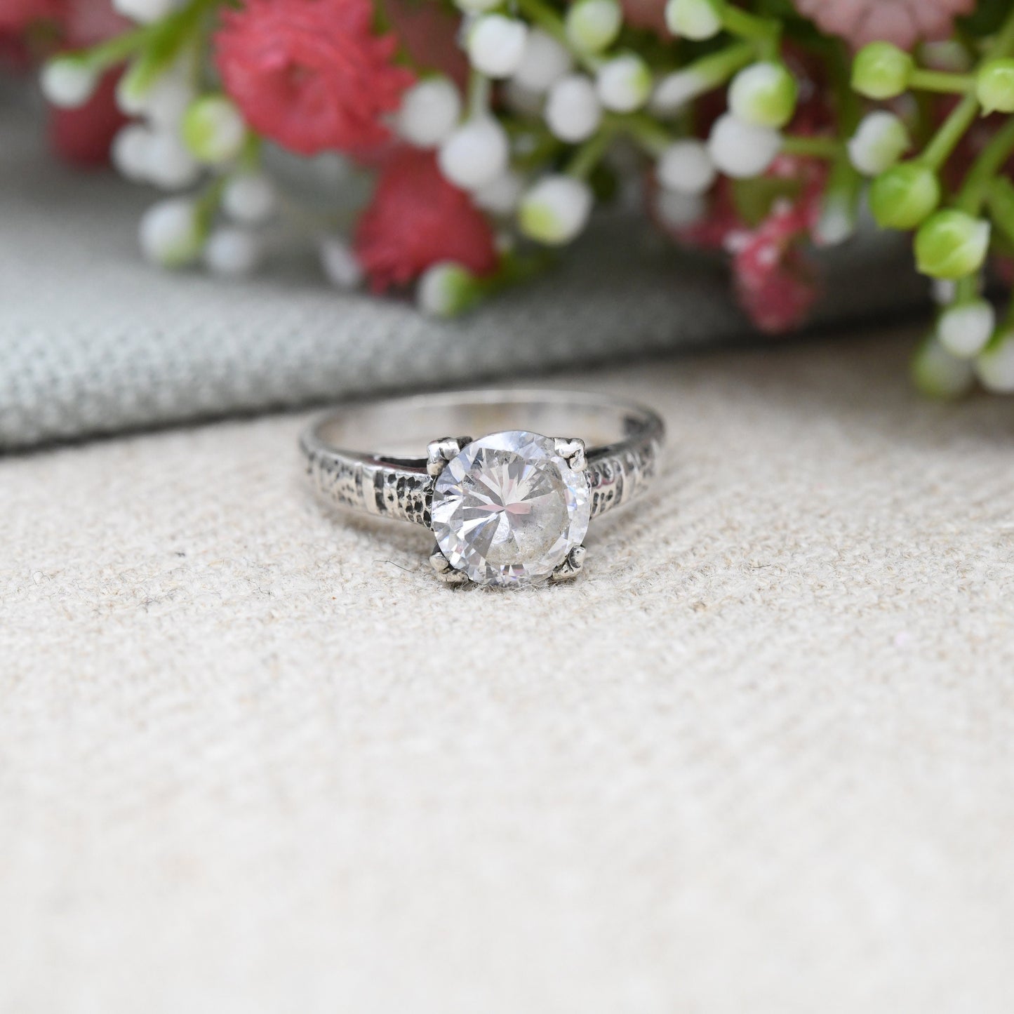 Vintage Sterling Silver Solitaire Ring - Large White Stone CZ Statement Placeholder Engagement Ring | UK Size - M 1/2 | US Size - 6 1/2