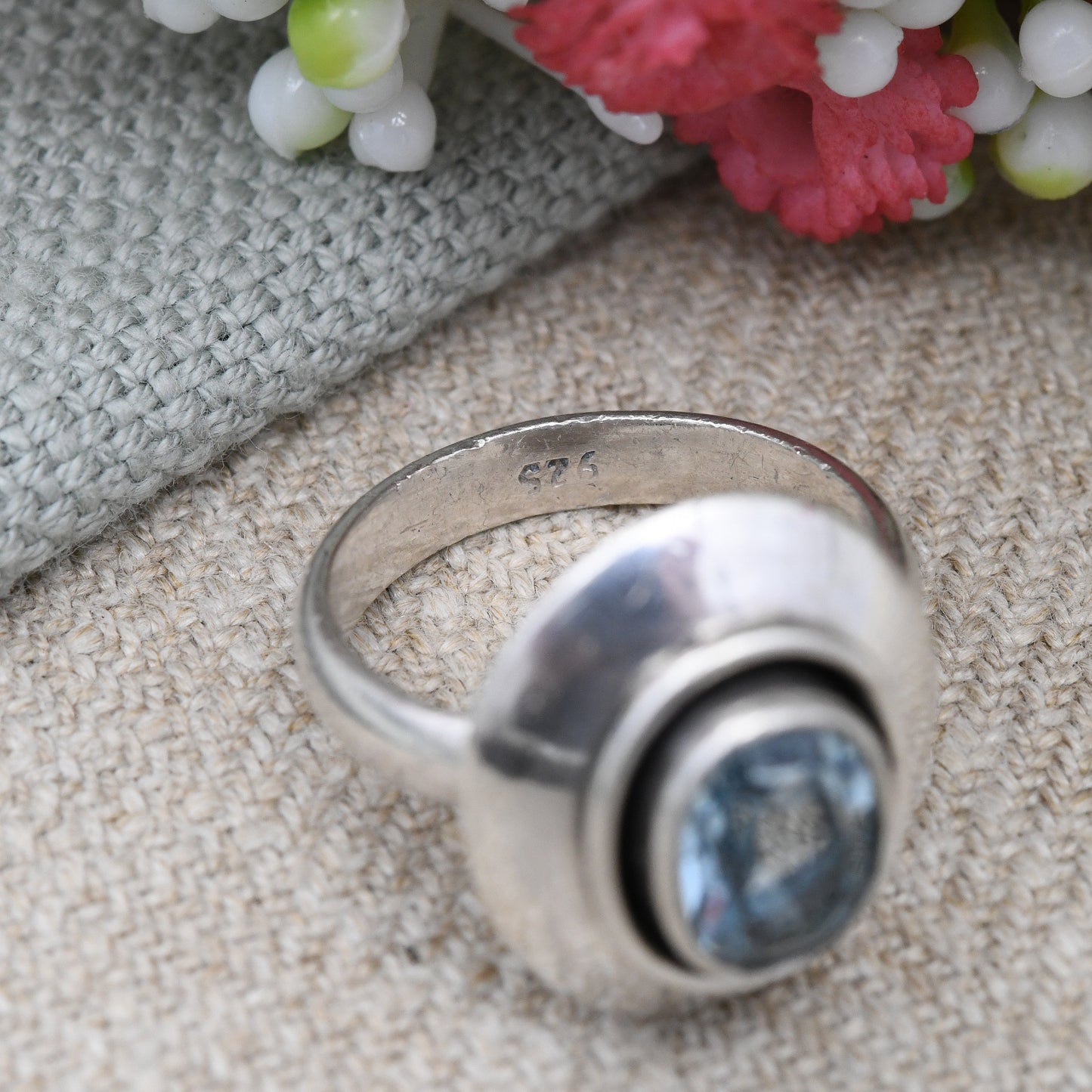 Vintage Sterling Silver Statement Ring with Baby Blue Stone - Chunky Silver Oval Ring Modernist Style | UK Size - N | US Size - 6 1/2