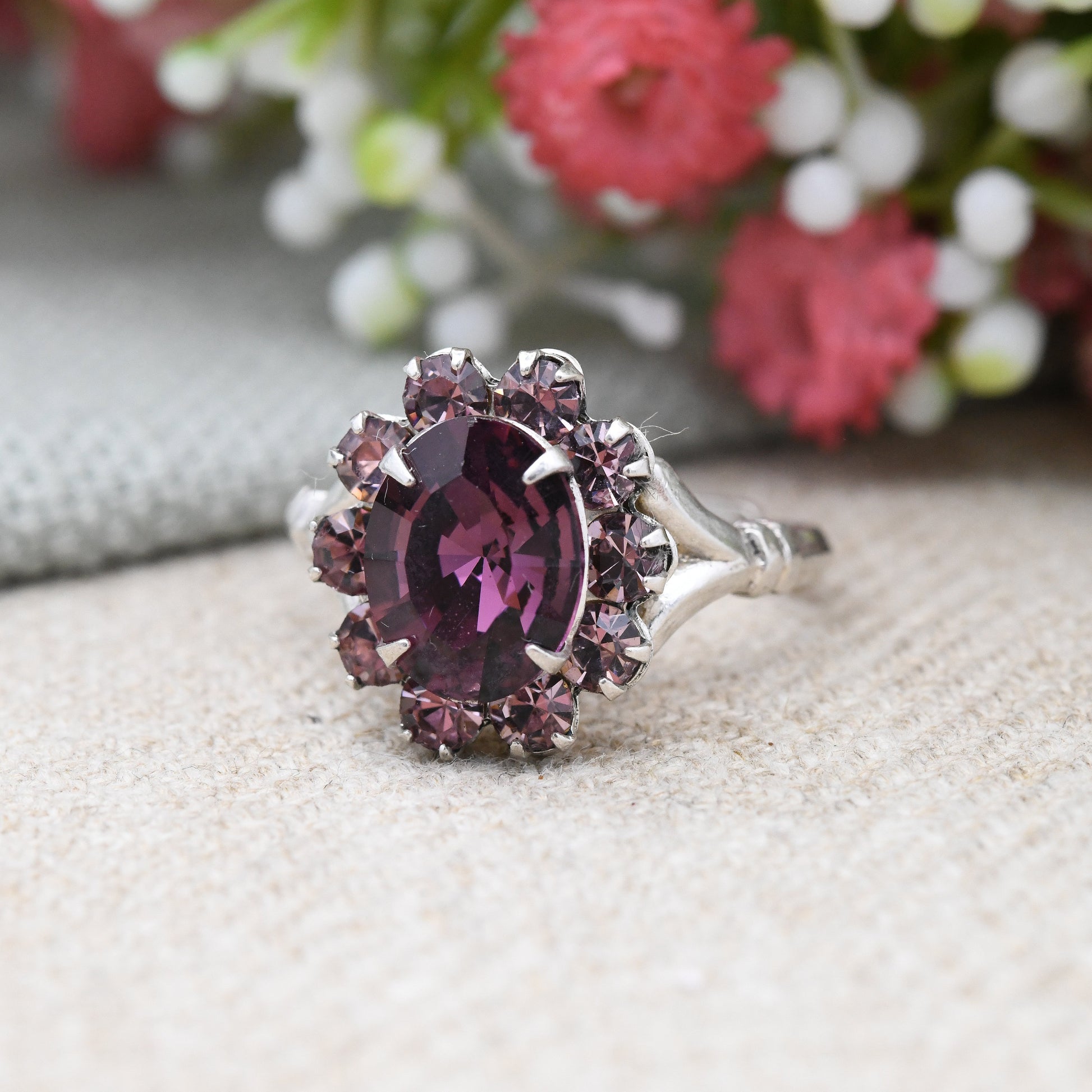 Vintage Sterling Silver Rhinestone Cocktail Ring - Large Purple Glass Stone Statement Sparkly Adjustable Ring | UK Size - O | US Size - 7