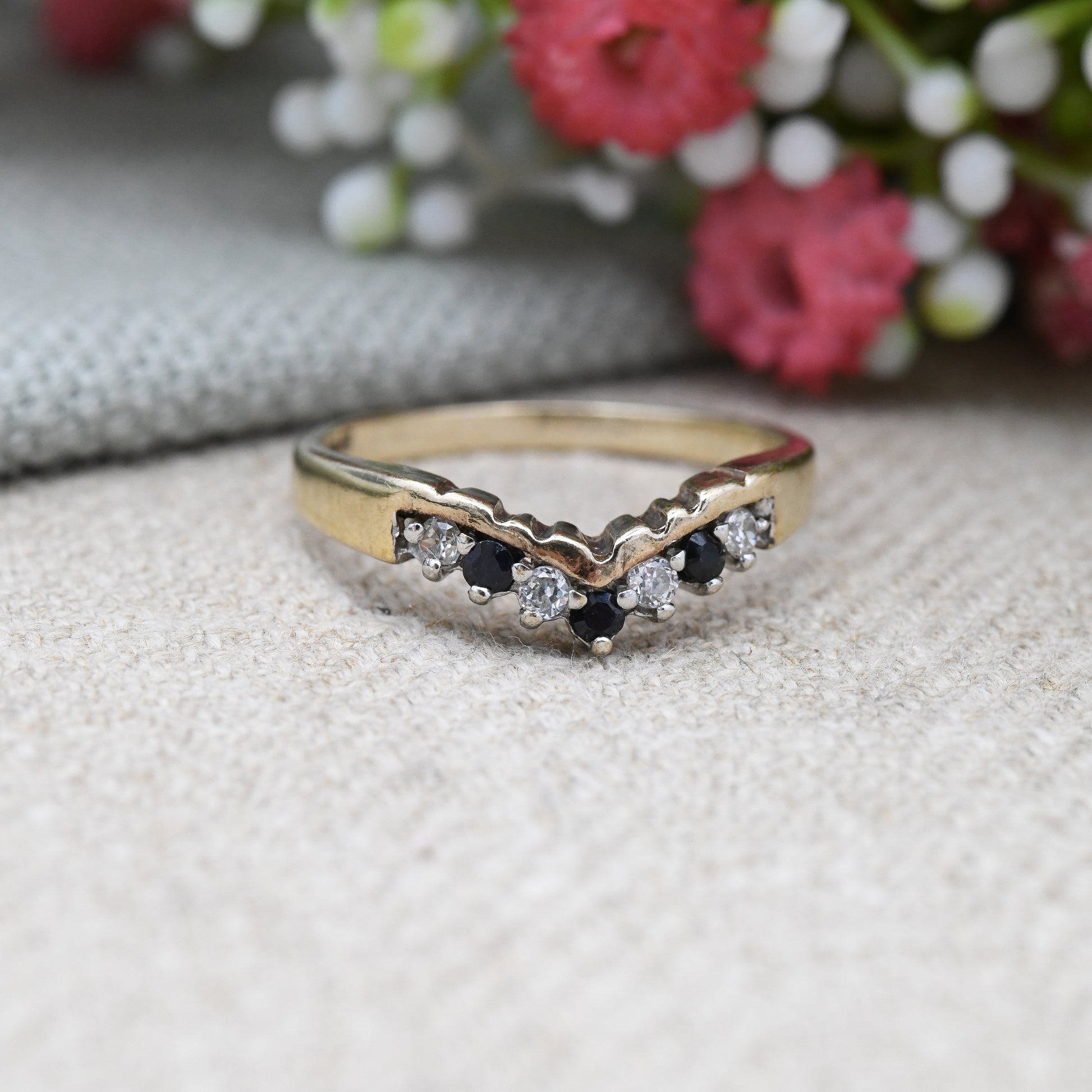 Vintage Sterling Silver Sapphire CZ Wishbone Ring - Gold Plated | Pretty Gift for Her | UK Size - S 1/2 | US Size - 9 1/4